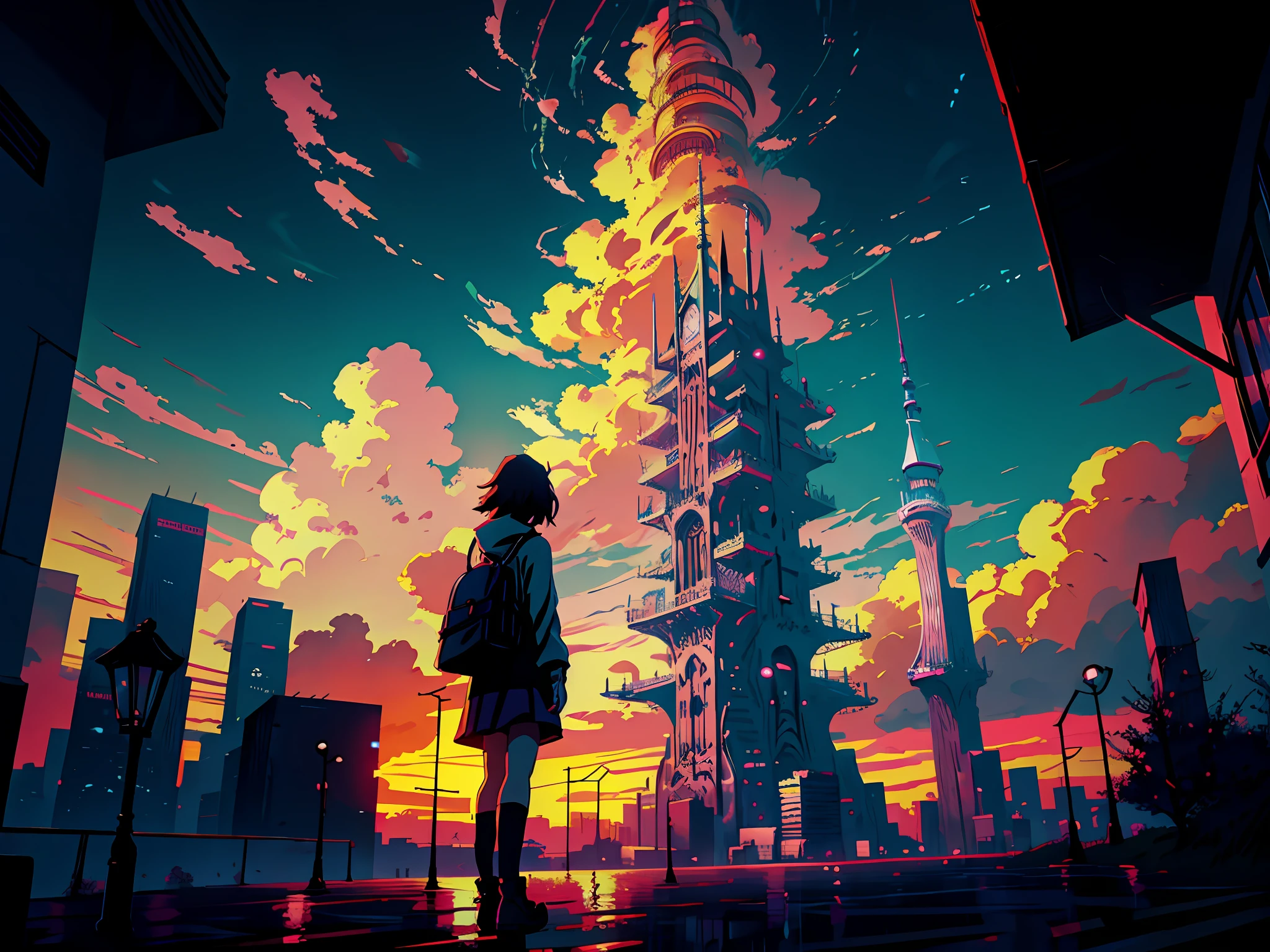 anime girl looking at anime scenery of a city with a tower and a sky, anime art wallpaper 4 k, anime art wallpaper 4k, anime clouds, makoto shinkai cyril rolando, by sylvain sarrailh, anime art wallpaper 8 k, inspired by sylvain sarrailh, 4k highly detailed digital art, anime wallpaper 4k, anime wallpaper 4 k