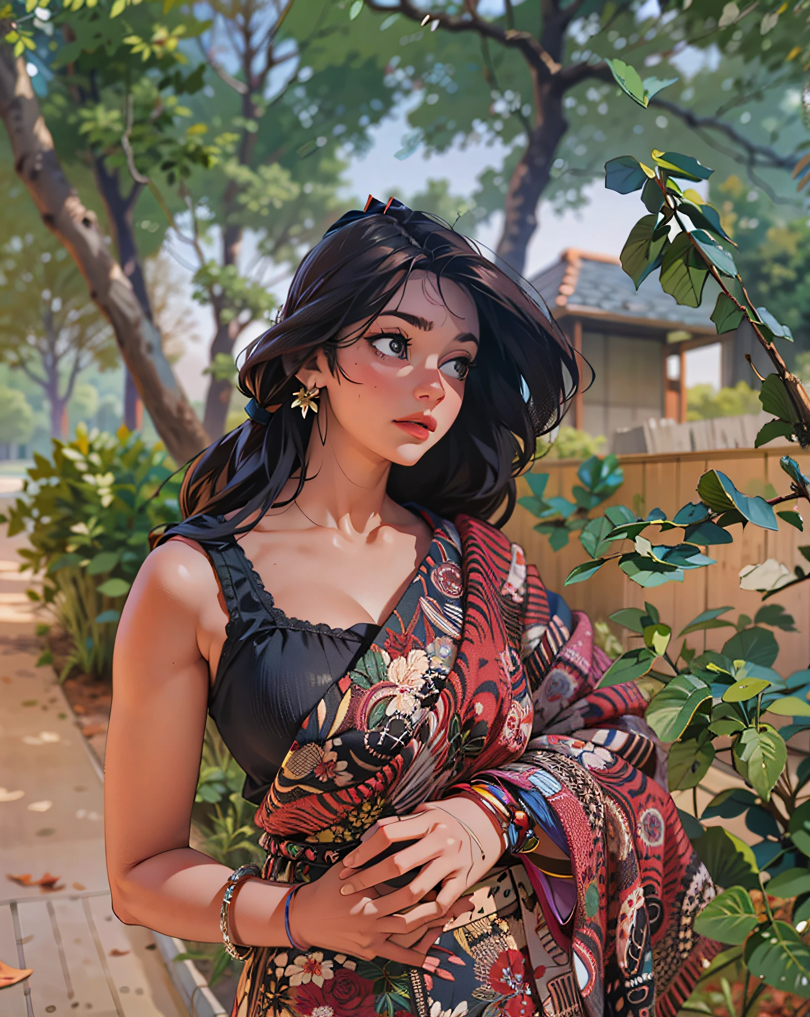 a hyper-realistic portrait of a young woman, half asleep, under a tree, inside a forest, in the middle of nature, 22 years old, realistic, (lying on her side), she is wearing a red panties, (wearing a garter belt and black pantyhose), sexy, (huge breasts 2:1), torn, (all torn), short brown hair, (hair tied with bows), curved, SFW