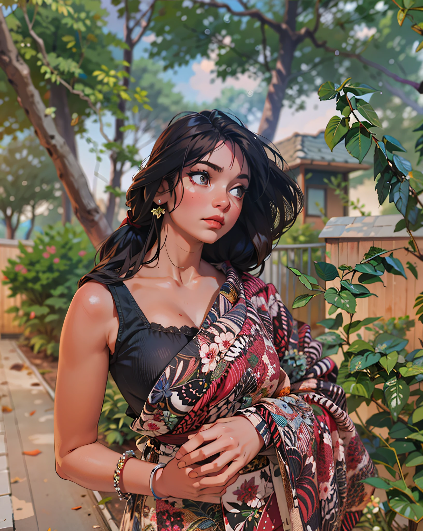a hyper-realistic portrait of a young woman, half asleep, under a tree, inside a forest, in the middle of nature, 22 years old, realistic, (lying on her side), she is wearing a red panties, (wearing a garter belt and black pantyhose), sexy, (huge breasts 2:1), torn, (all torn), short brown hair, (hair tied with bows), curved, SFW
