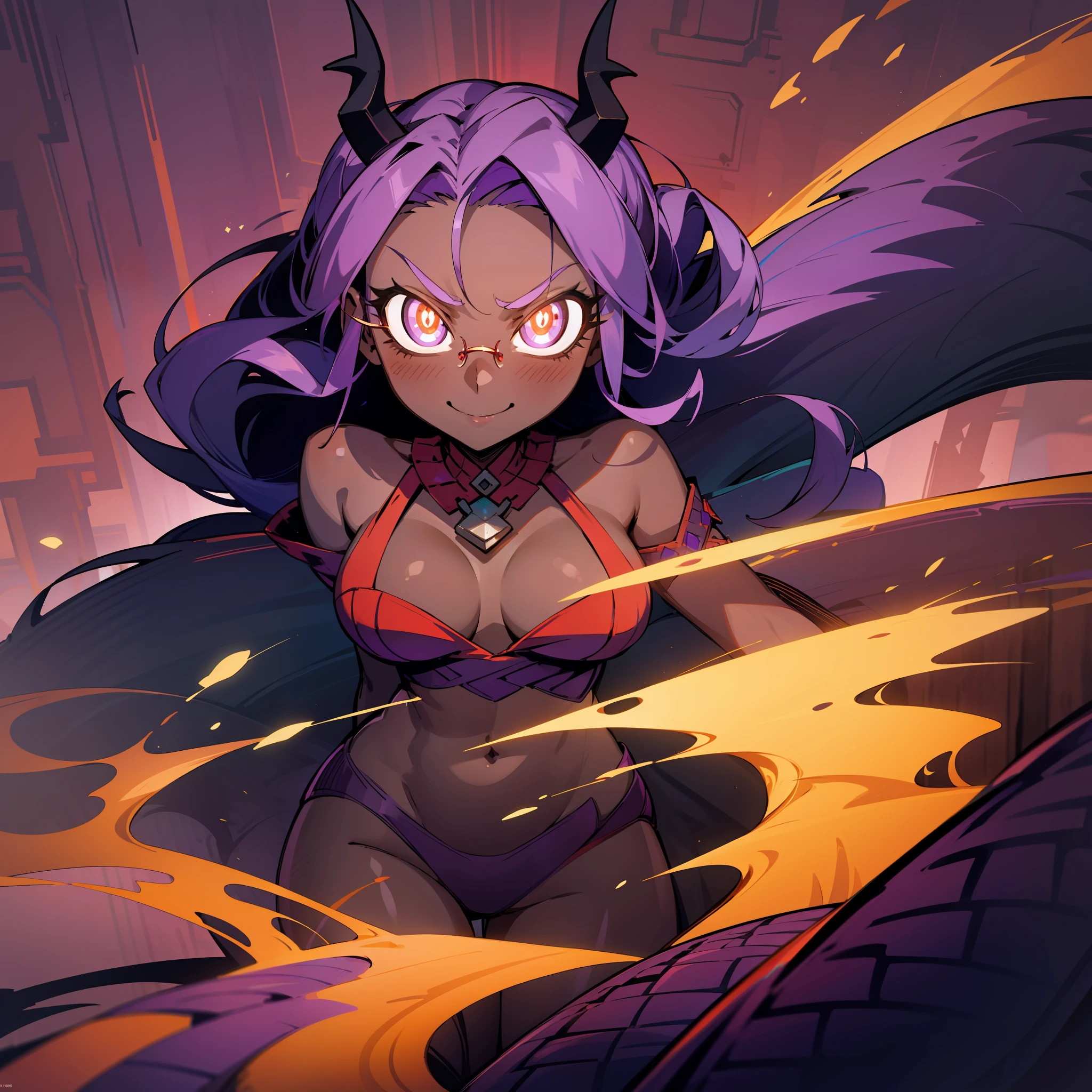 solo, long hair, smile, hands behind the back, office, purple hair, solo, bright eyes, (dark skin), purple hair, (best quality, masterpiece), pov, looking at the viewer, 1woman, large breasts, large thighs, dark skin, glasses, short, dark skin, solo,, standing, scales, dark red dragon horns, dark red dragon tail, subtle paterns of bright shades of purple along its limbs and tail, red eyes