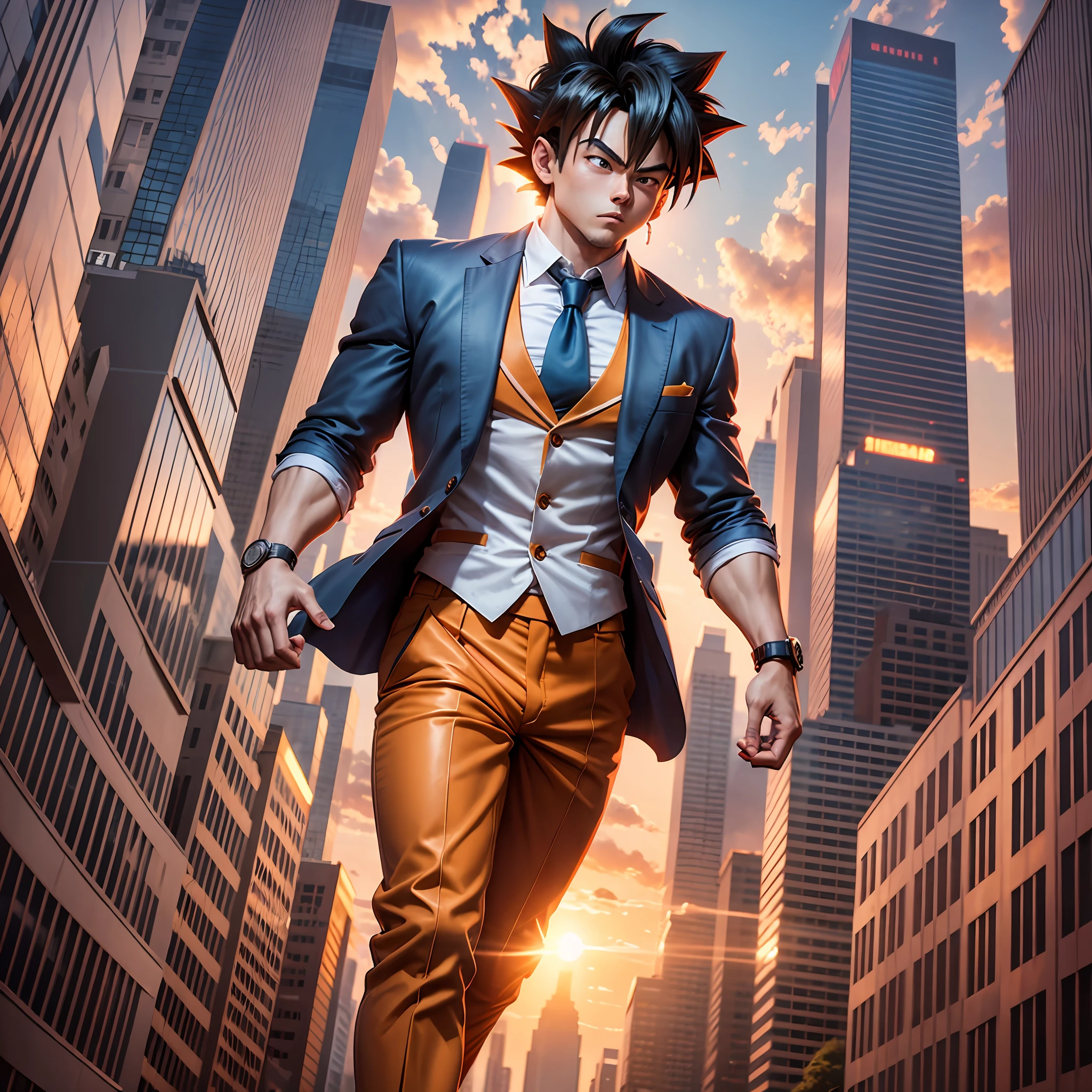 Goku in suit on wall street, 8k, sunset --auto --s2
