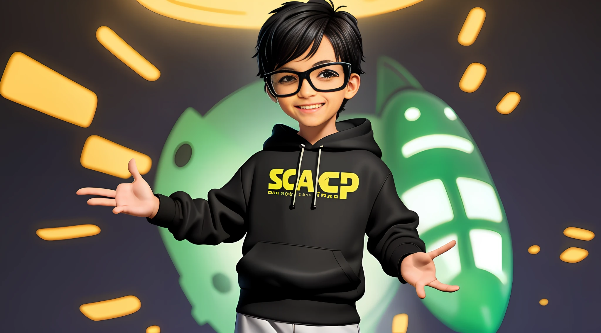 -yeld boith glasses, short black hair, smiling, who wears a black hoodie, in a Ben10-style setting with spaceships