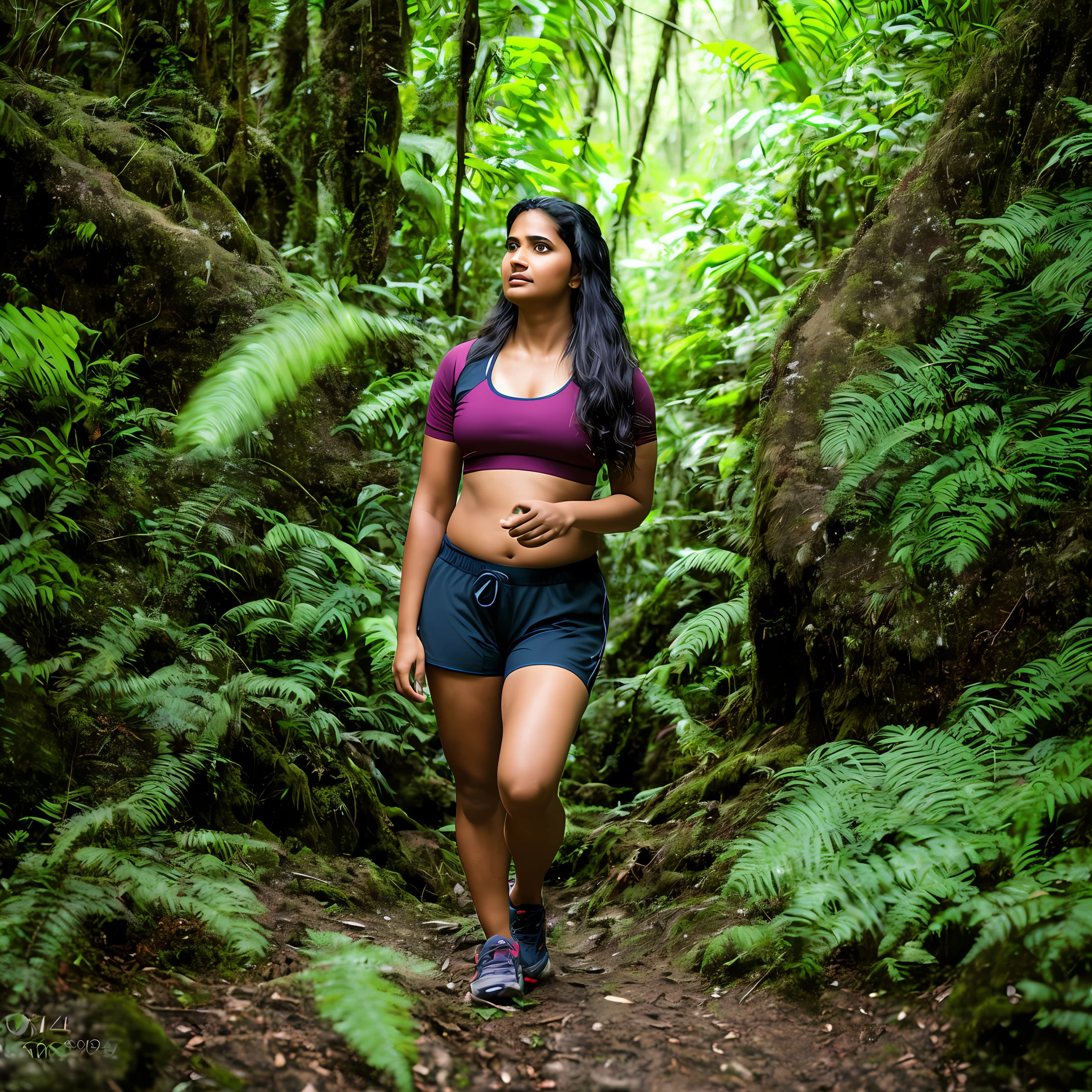 Indian kerala woman hiking in a rainforest ,8k uhd, digital SLR camera, soft light, high quality, film grain,high detail,UHD, masterpiece, accurate, anatomically correct, super detail, high quality, 16k, highres, award winning, ((full body shot)),soft light rays, realistic skin texture, extreme skin details, photorealistic, photograph, realistic, realism, photorealism, film grains, lifelike texture, dynamic composition, contrast lighting, sharp focus, raw photo, photon metering, analog photo style, photography with Hasselblad camera, f5.6 lens 500mm, Kodak Portra 400 4x 5, anatomically correct, visible navel, visible knees, ((close up))