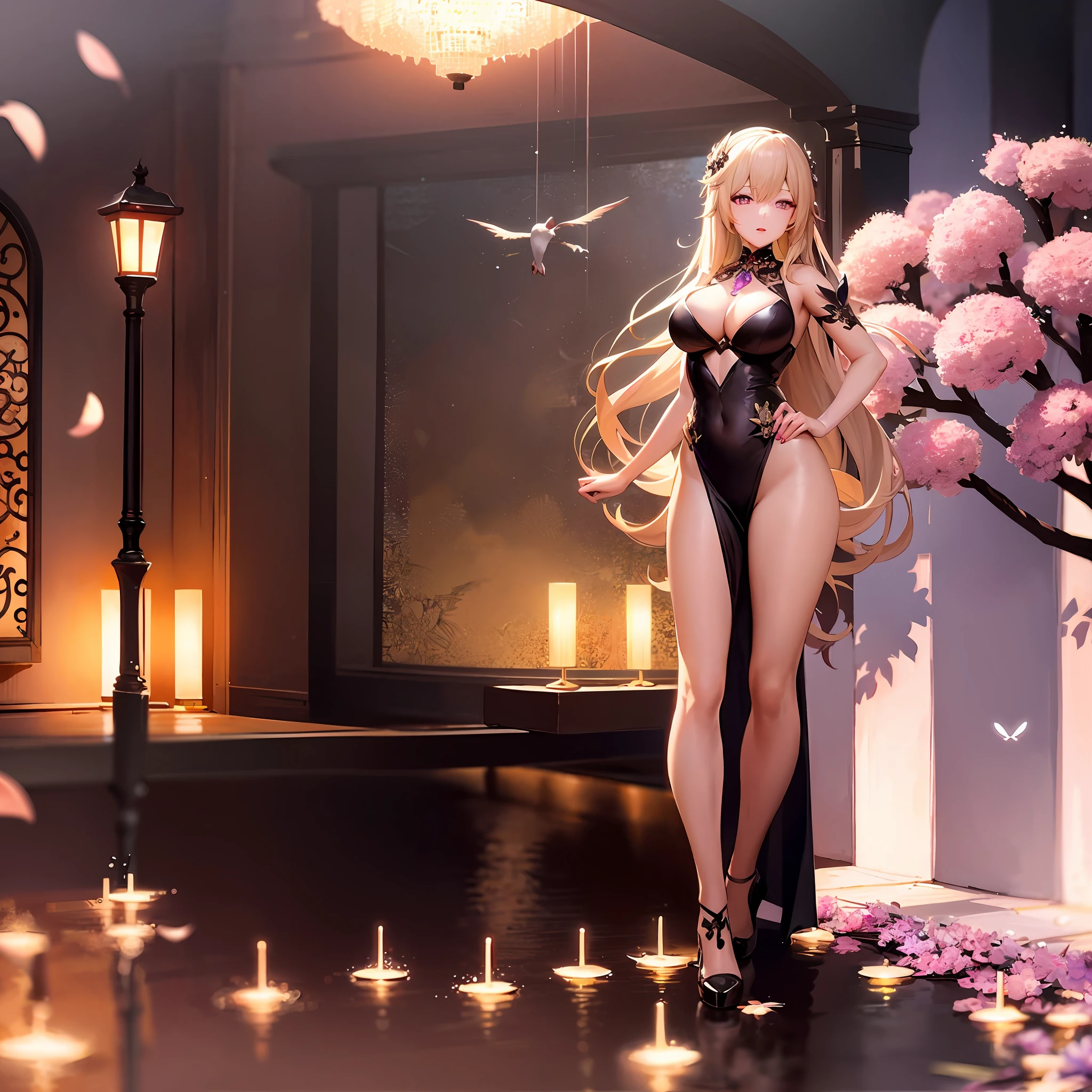 Rita Rossweisse of honkai impact,beautiful woman with long blonde hair slightly reddish and black dress with long purple layers,nice,extremely detailed with many elegant details, posing in front of a castle in the middle of a nice flat, beautiful day, flying birds,fine details. cushart krenz key art,shadowverse style,cg,sexy,extremely detailed,hair ornament,adult,30 years,yummy,masterpiece.best quality,high heels,lilac eyes,extremely defined body,thin waist,dynamic lights and shadows.cherry trees,antagonist,alone in image,many intricate details,late afternoon,flowers flying across landscape,sunset