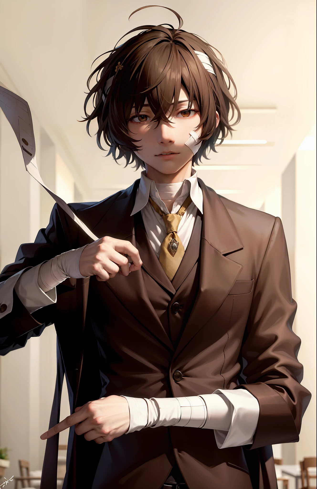 (masterpiece, best quality:1.2), upper body, solo, male focus, 1boy, dazai osamu, expressionless, brown jacket, bandages