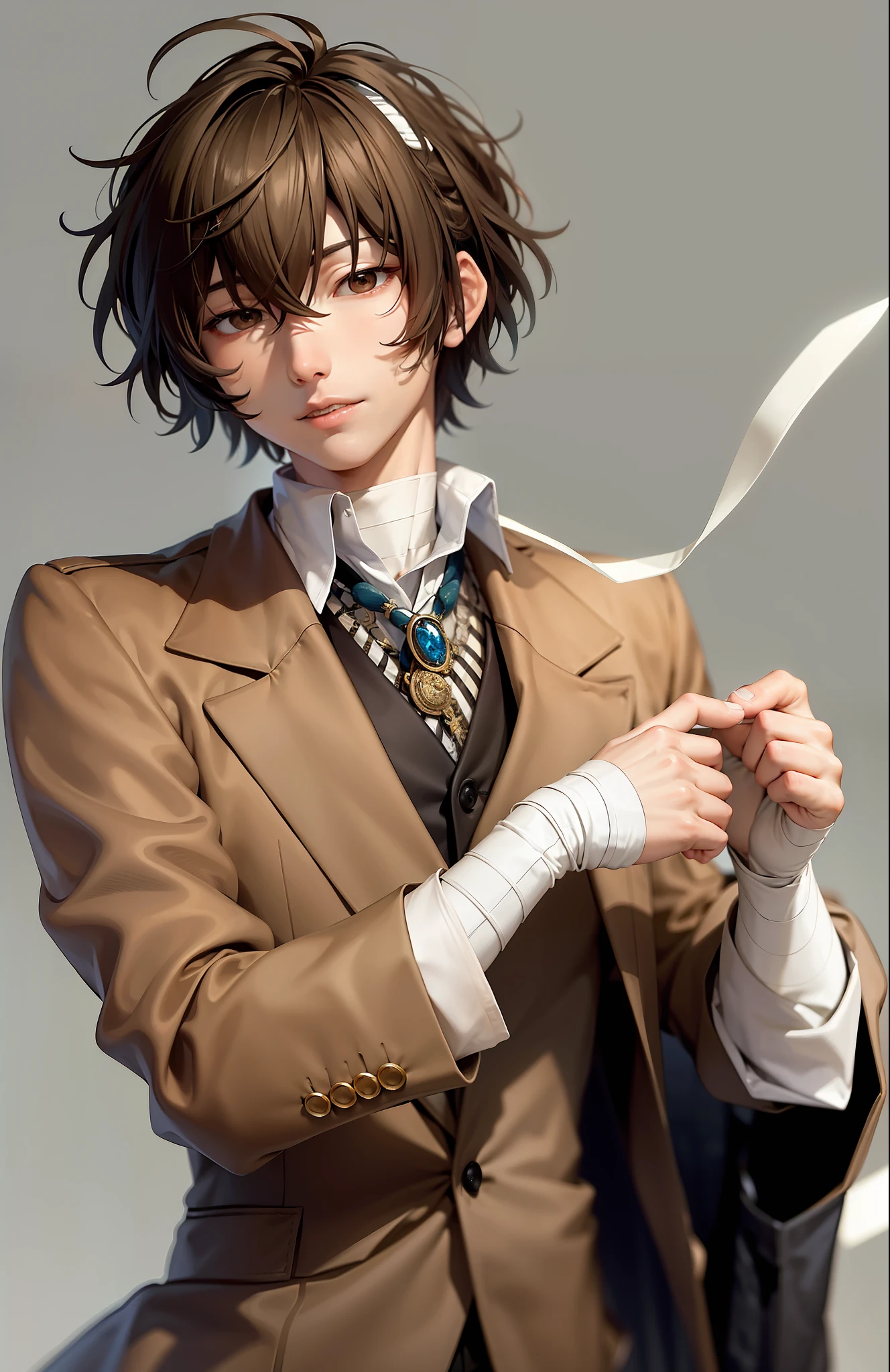 (masterpiece, best quality:1.2), upper body, solo, male focus, 1boy, dazai osamu, expressionless, brown jacket, bandages