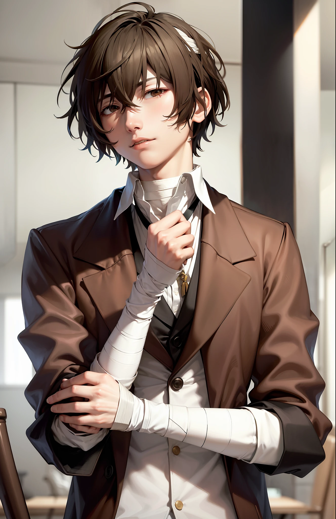 (masterpiece, best quality:1.2), upper body, solo, male focus, 1boy, dazai osamu, expressionless, brown jacket, bandages