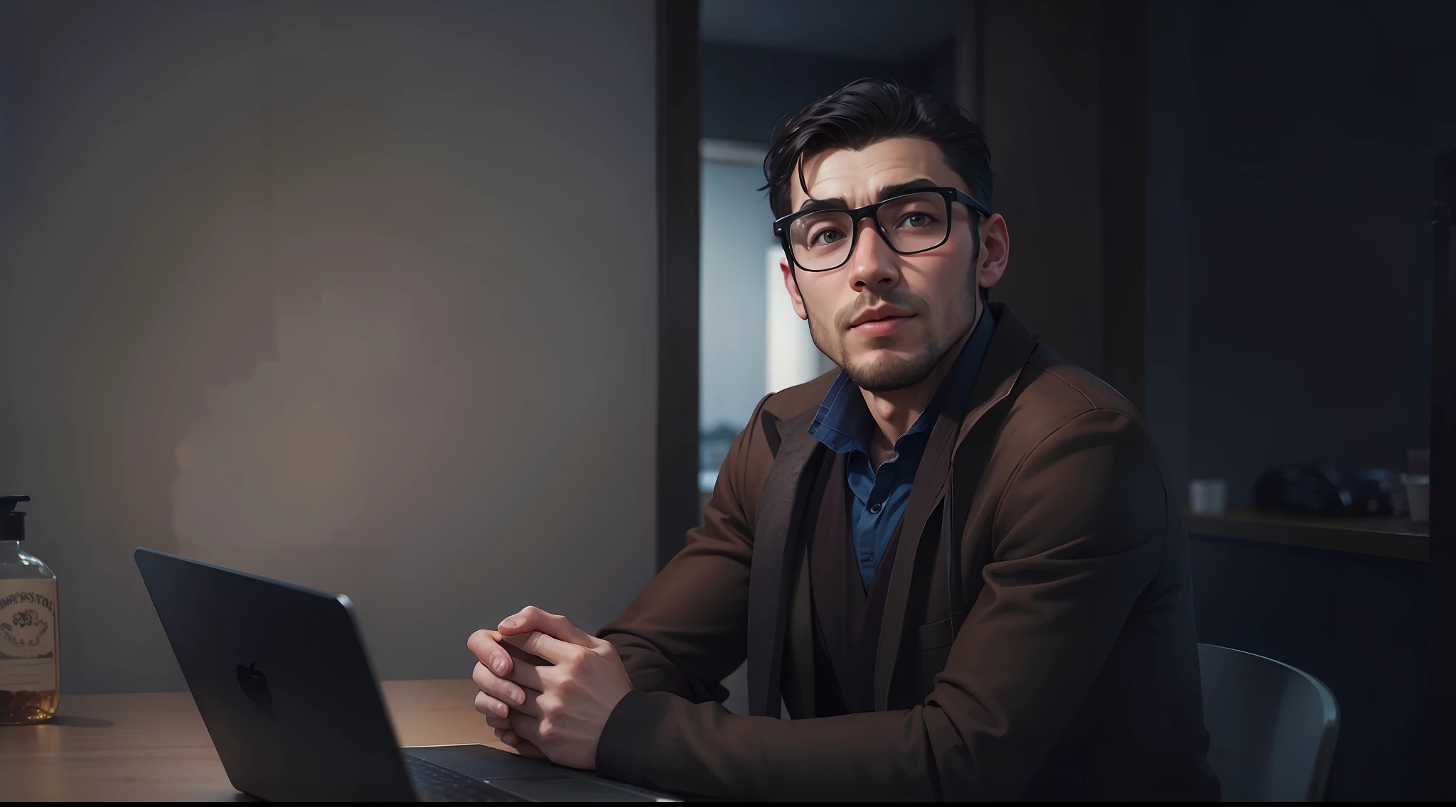 A handsome guy sits at a table with a laptop on it