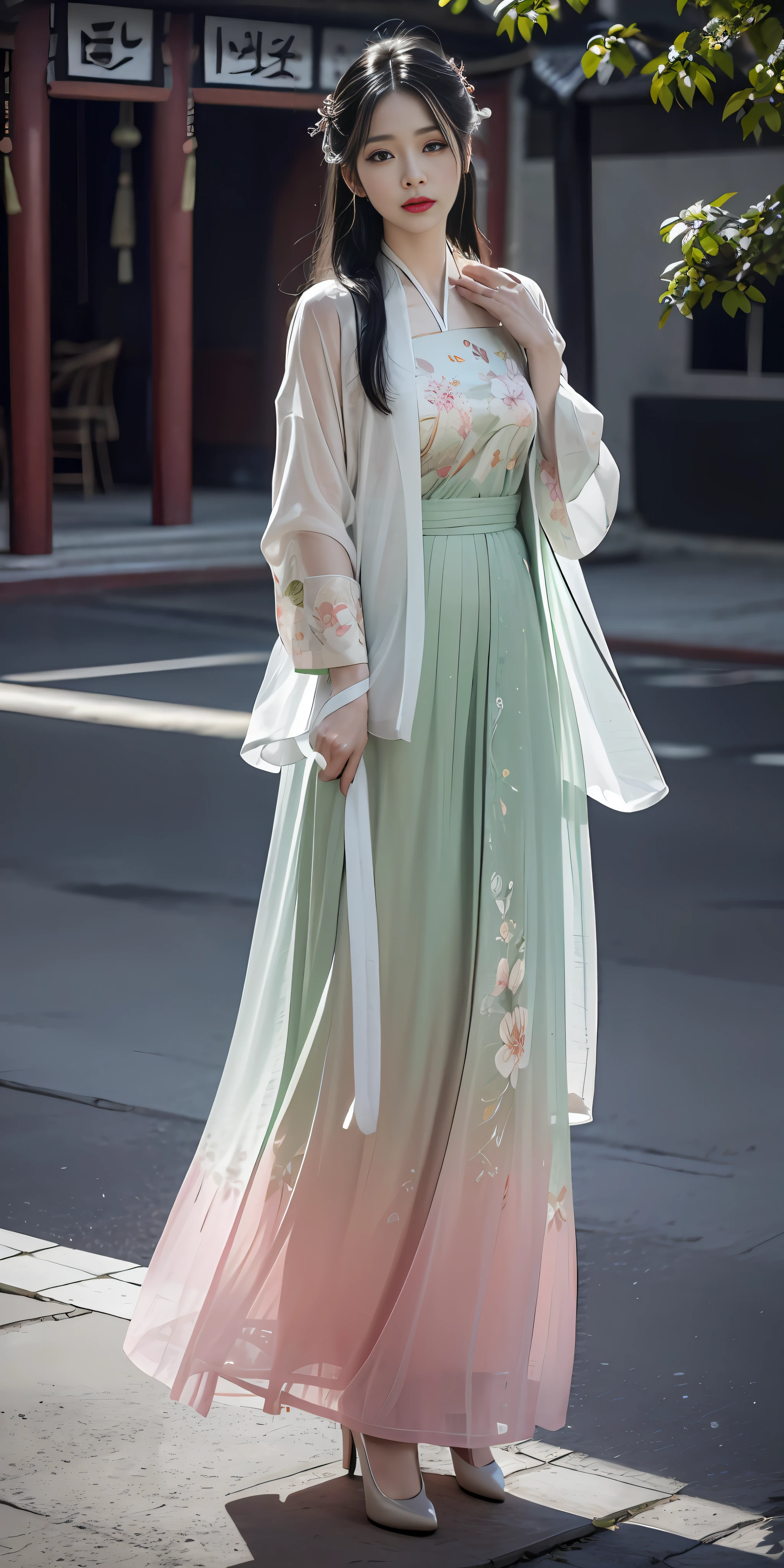 (hanfu),(floral print:1.3),(pink see-through shirt),(green see-through print long skirt),(long sleeves),1 girl,full body,(long hair:1.1), (realistic:1.7),((best quality)),absurdres,(ultra high res),(photorealistic:1.6),photorealistic,octane render,(hyperrealistic:1.2), (photorealistic face:1.2), (8k), (4k), (Masterpiece),(realistic skin texture), (illustration, cinematic lighting,wallpaper),( beautiful eyes:1.2),((((perfect face)))),(cute),(standing),(black hair),black eyes,red lips, outdoors, (chinese style buildings),