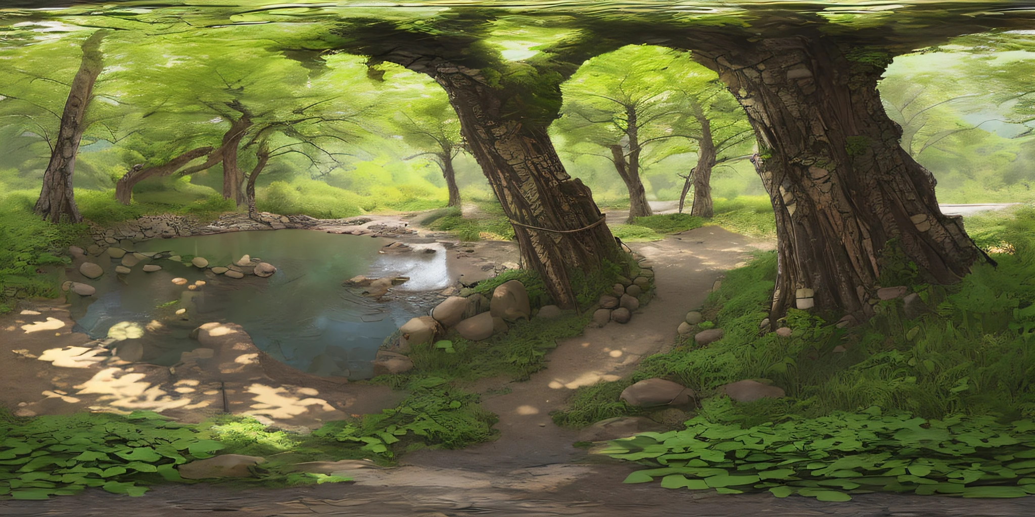 (8k, RAW photo, best quality, masterpiece: 1.2), (realistic, photo-realistic: 1.37), octane rendering, ultra high res, ultra-detailed, professional lighting, photon mapping, radiosity, physics-based rendering, ue5, (((fantastic trees)),((plain, vast vegetation)),((giant creeping roots cuts through the ground)),((raytracing)),((rocky mountains)),(depth of field),landscape,