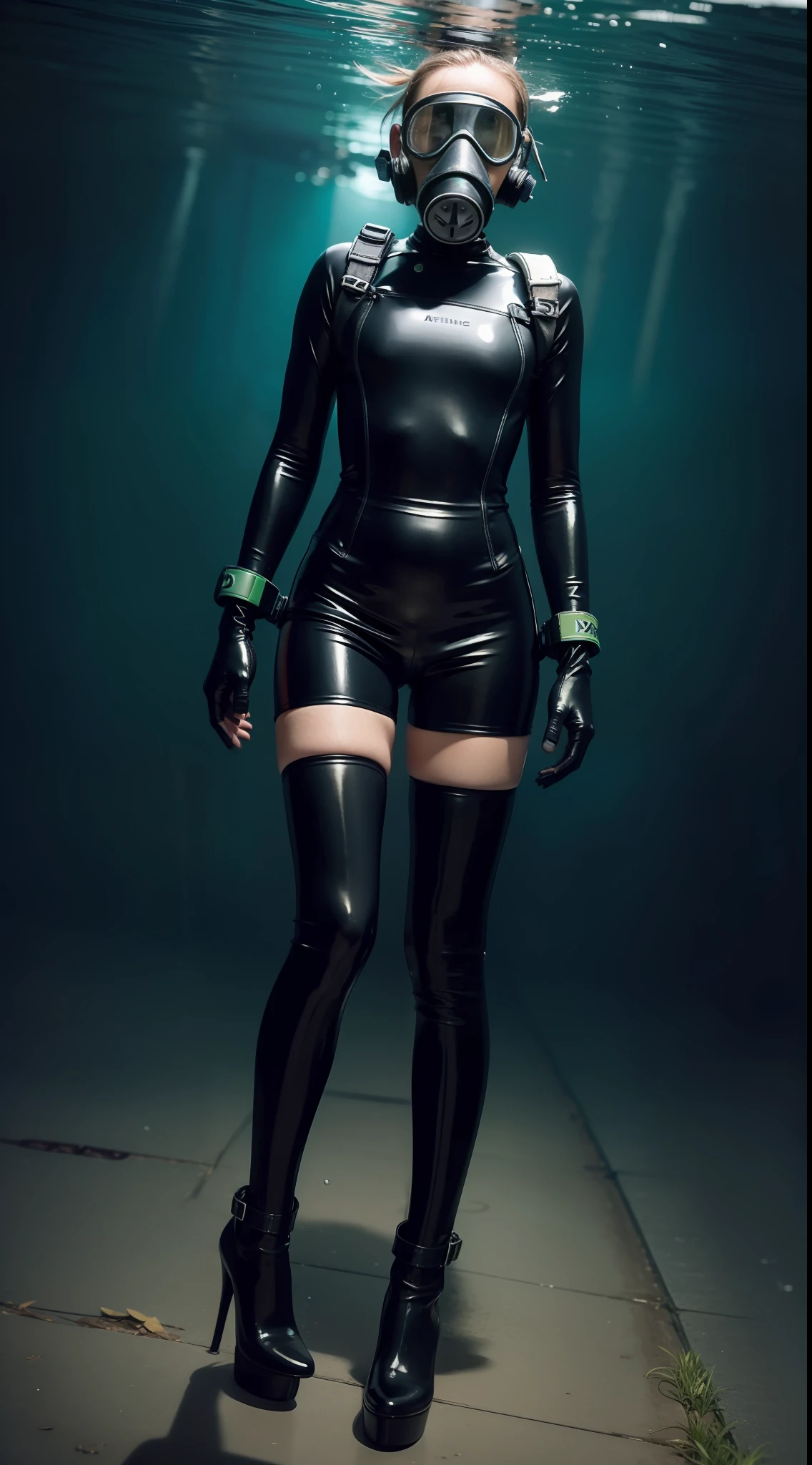 A boy, underwater, gas mask, latex wetsuit, elbow long gloves, latex over-the-knee socks, high heels, full body, front, UHD, masterpiece, super detail, best quality, anatomically correct, depth of field