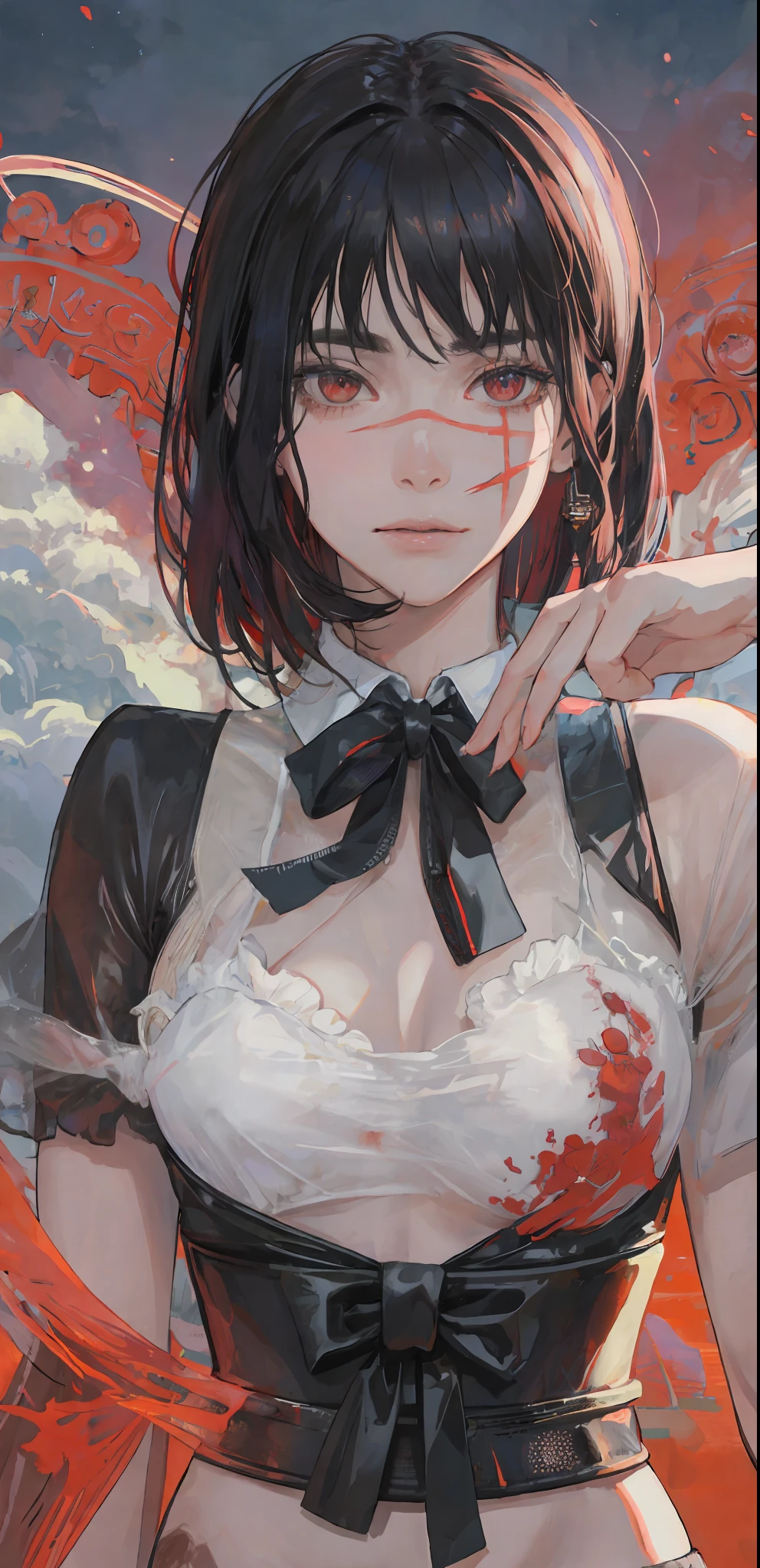 ((masterpiece, best quality)), (1girl), (solo), (female focus), yoru \(chainsaw man\),(very detailed face, real image, realistic white skin, realistic body, intricate details)psycho face, psycho eyes, serious, blood over the body, blood, black hair, short hair, intimidating look, pinaphore dress, buttoned shirt, neck ribbon, small breasts, holding a knife, blood, blood on the knife, blood on scenario, moon, night, sky, clouds