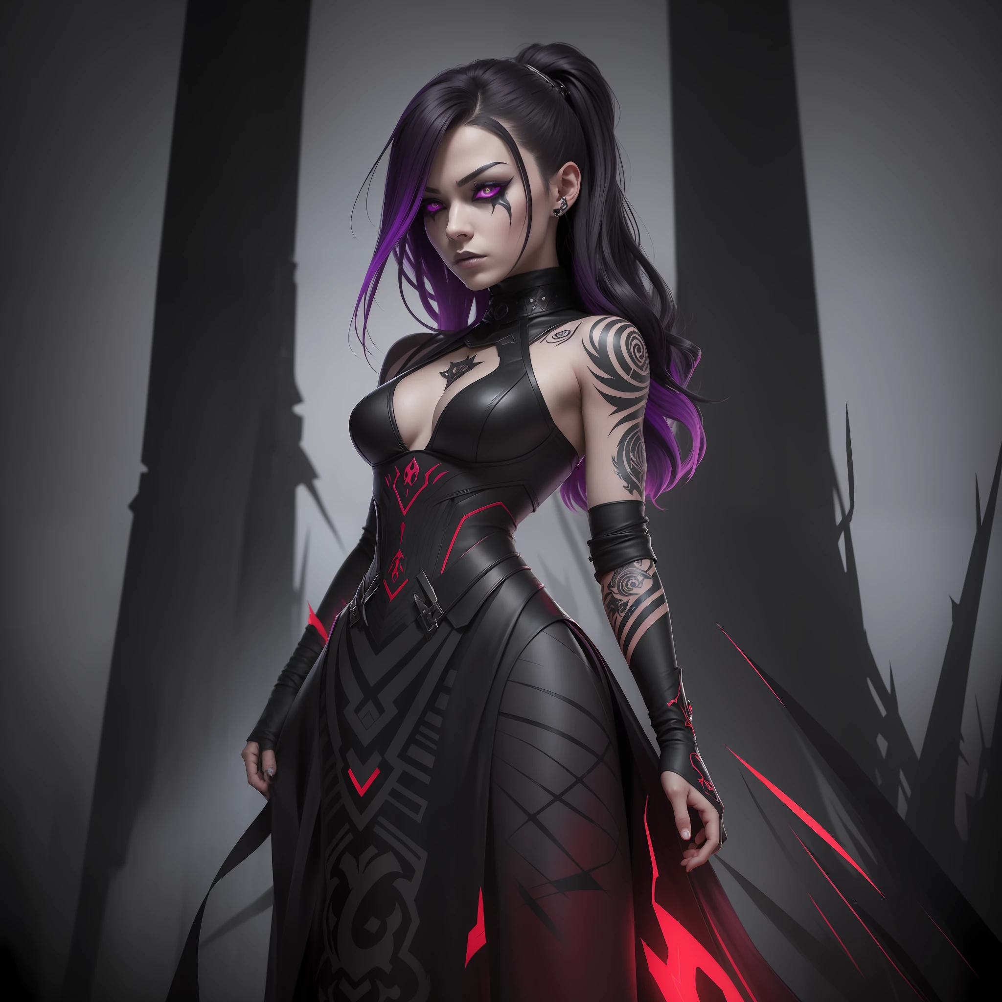 Create an image of the character Fade from the game Valorant, the bounty hunter of the nightmare. She personifies fear and anxiety, with a dark and sinister design. His appearance reflects his connection to nightmares and his ability to track and hunt down his targets.
Art style: Surrealism
Technique: ZBrush Rendering
Lighting: Atmospheric
Resolution: 4K
Colors: Grey, Black, Red and Purple
Environment: Nightmare
Composition: Full body framing
Background: Red
Attitude: Scary
Details: Tattoos on the skin
Character Description:
Body: Athletic physique
Dress: Dark and sinister design
Accessories: Symbol of nazar boncuğu on clothes and accessories
The image should convey the feeling of fear, anxiety and power that the character Fade represents. She should be portrayed in an imposing and intimidating pose, with dark tracks standing out in the environment around her. The color palette should be composed mostly of shades of gray and black, with red and purple details adding contrast and accentuating its sinister presence.
The AI must capture the details of Fade's appearance, from her hair to the tattoos on her skin, expressing her uniqueness. The image generated should evoke a sense of imminent danger and curiosity, conveying the fear and power that the character embodies. --auto --s2