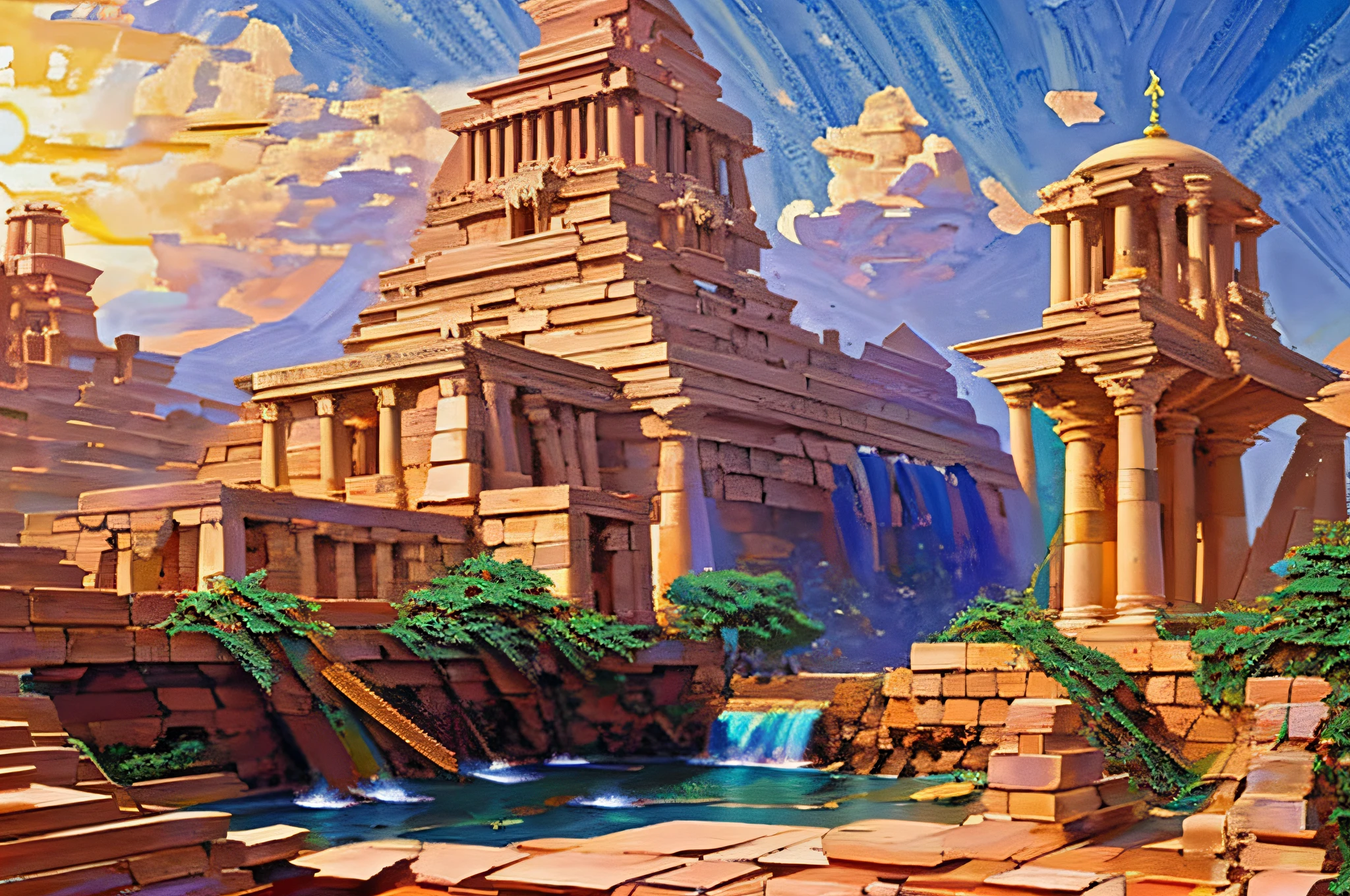 ChromaV5, (extremely detailed wallpaper of CG 8k unit), ancient city of Babylon, Sumerian architecture, hanging garden, ishtar gate, color grading, natural light, panoramic view, wide angle, 28 mm lens, award-winning photography, chromatic aberration, detailed, HDR, Bloom, majestic oil painting by, Thomas Cole, Frederic Church and Albert Bierstadt, trends in the arts station,  trends in CGsociety, intricate, high detail, dramatic, midjourneyl art