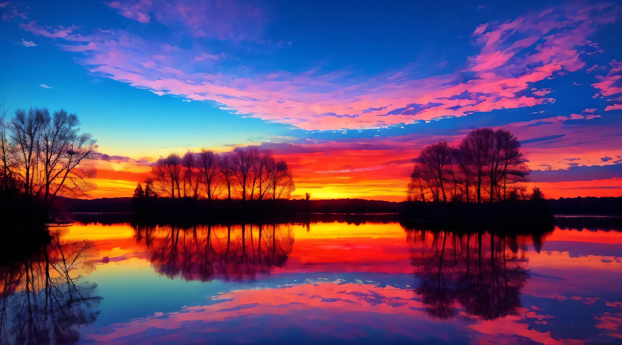 there is a beautiful sunset with a lake and trees in the background, colorful skies, surreal colors, colorful sunset, colorful sky, marvellous reflection of the sky, stunning sky, dream like atmosphere 8k, colorful clouds, colors reflecting on lake, surreal sky, red and blue reflections, fire reflection, beautiful sky, beautiful and spectacular dusk, beautiful dreamy landscape, amazing sky