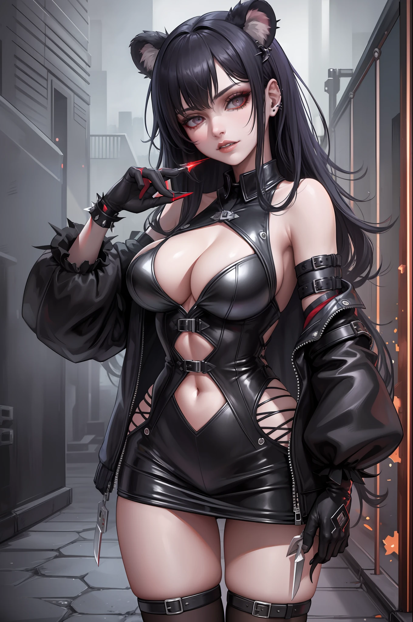 (detailed CG, high quality, ultra-detailed 8k), edgy goth honey bear killer, blood splashes, knife, dark mood, eerie vibes, in a dark black alley with a wire fence, spike accessories, stud belts