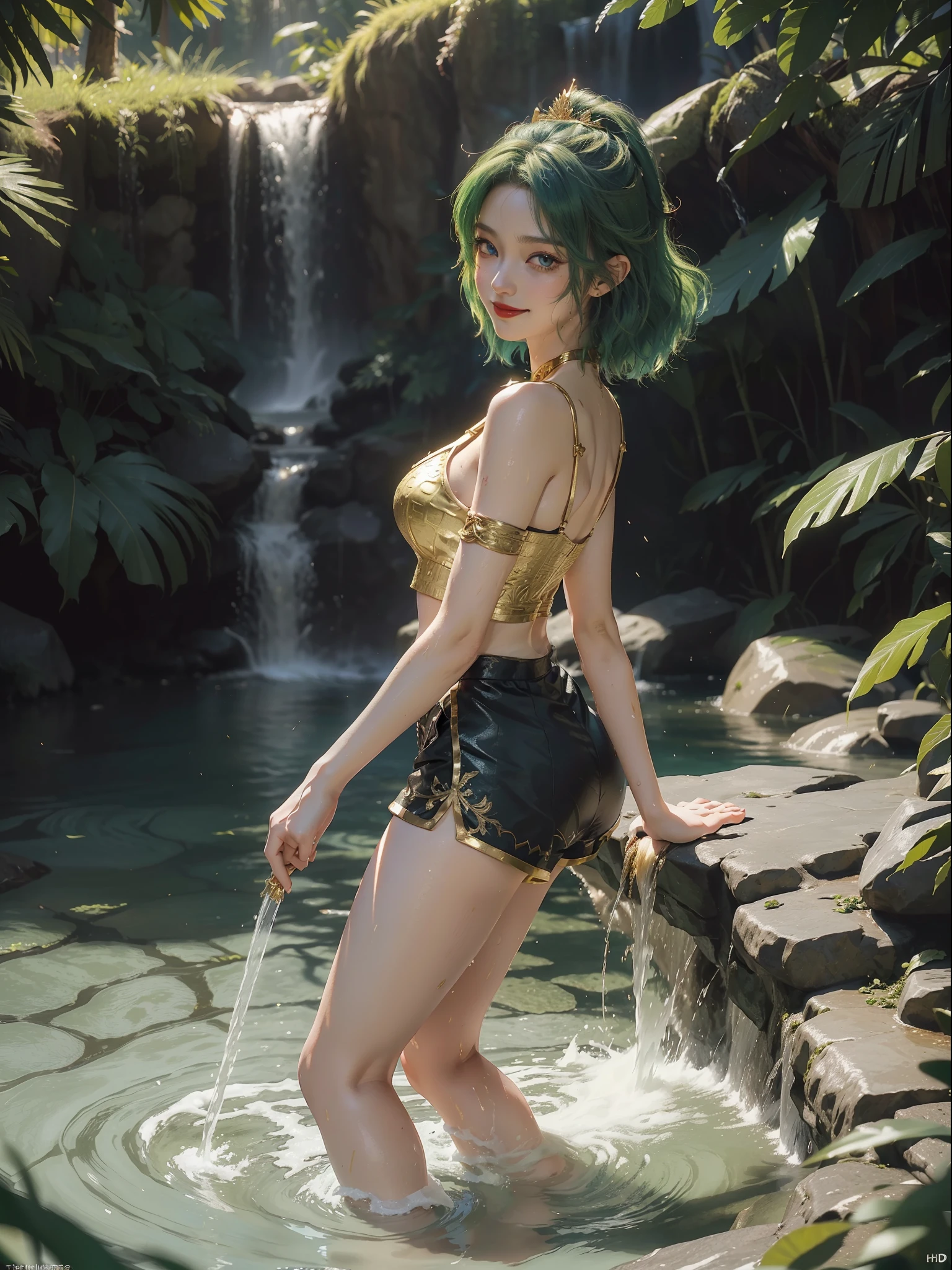 ((full-body photo, feet on the ground, front view)). Princess Zelda, {big breasts, red cheeks, red lipstick on her mouth, looking at the viewer}, [((black outfit with gold trim/maid's outfit with short shorts)], she's bathing in a waterfall in an open area falling water, clothes and hair soaked. She has [((short green hair, blue eyes, looking at the viewer, smiling)], anime, anime style, motion blur, 16k, high quality, super detail, textured skin, anatomically correct, masterpiece, masterpiece, masterpiece, UHD, ccurate