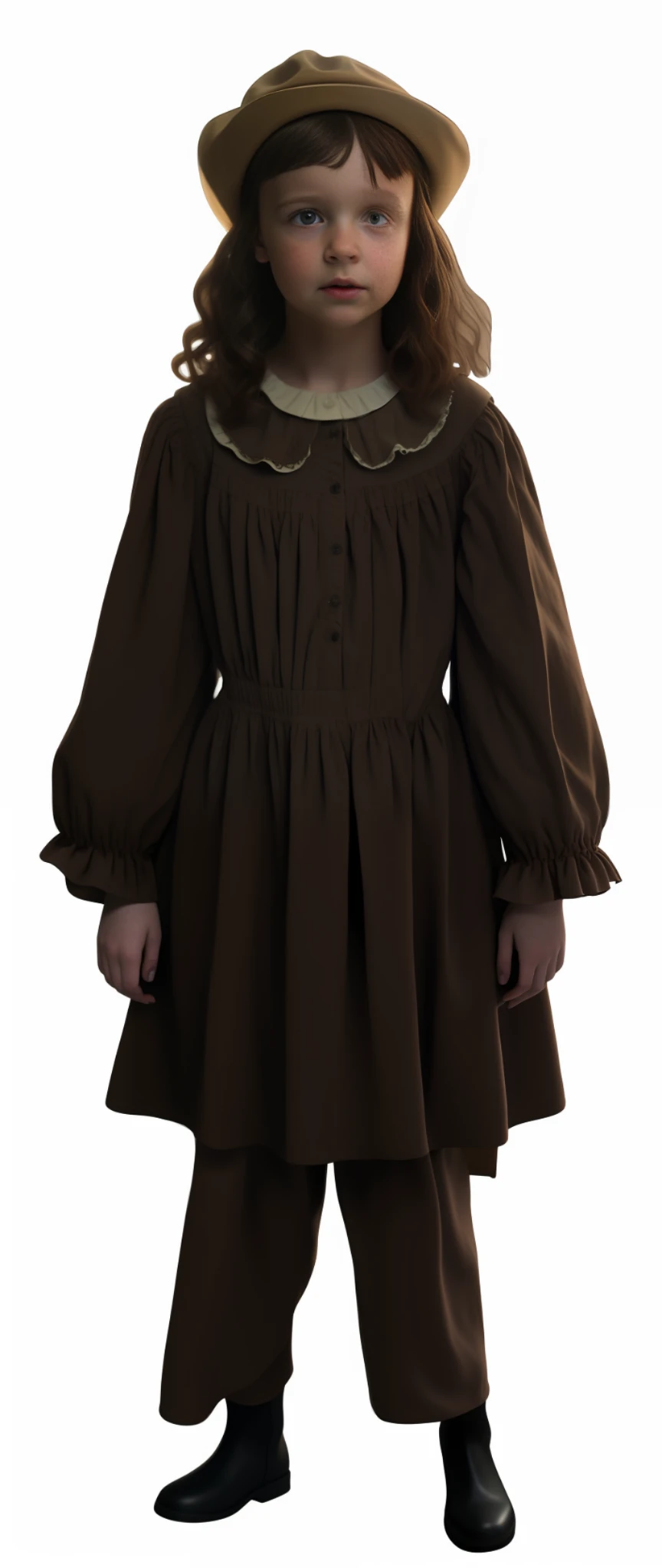 a closeup of a frightened child, wearing a brown dress and hat, a still of an ethereal, eleven of Stranger Things, pale ghost girl, dark and strange character, zoom out full body, ghost of a girl, full body view and head, distant full body view, full body image, peasant dress, filmed cinematic full body,   Ad image