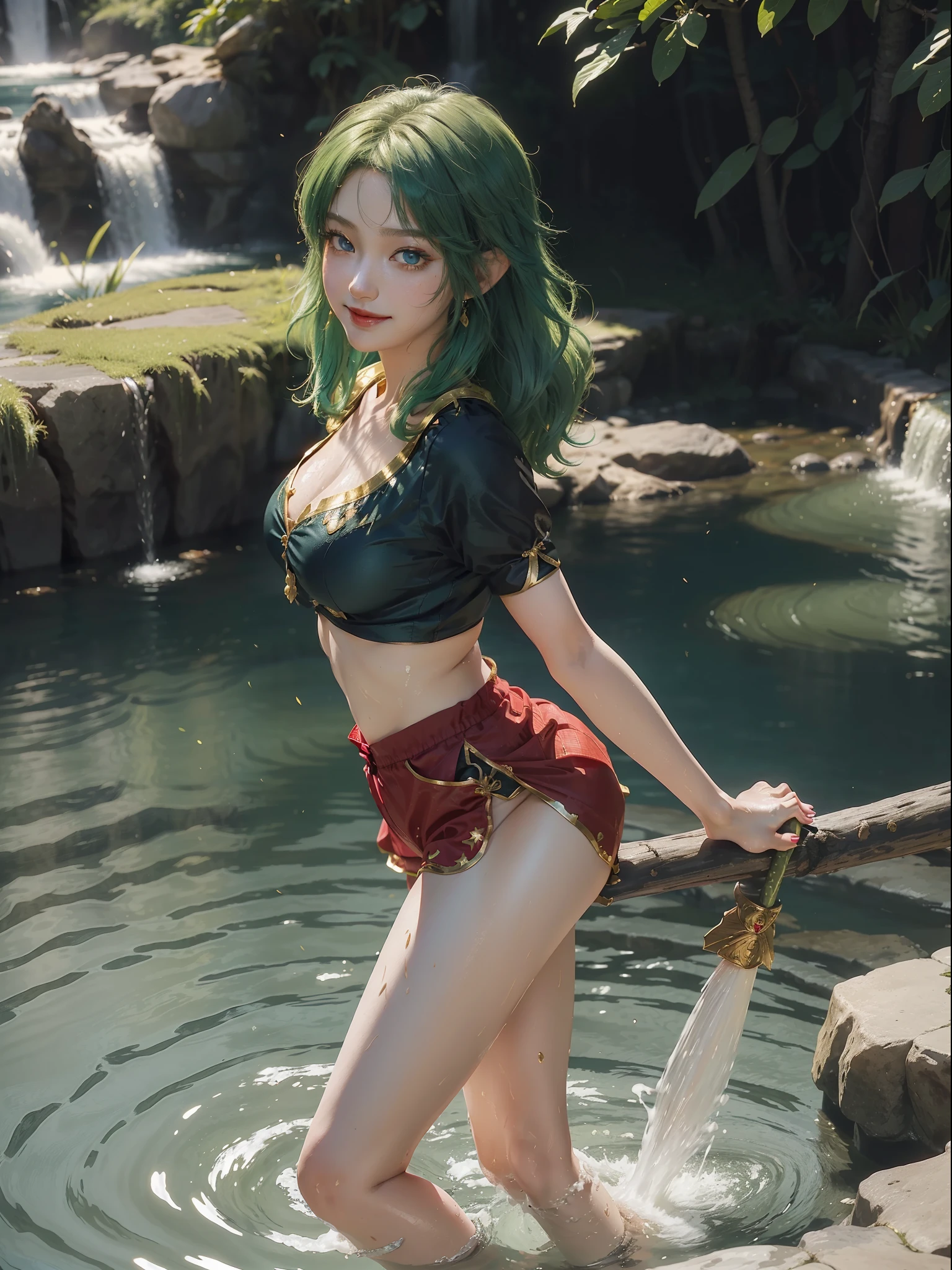 ((full-body photo, feet on the ground, front view)). Princess Zelda, {big breasts, red cheeks, red lipstick on her mouth, looking at the viewer}, [((black outfit with gold trim/maid's outfit with short shorts)], she's bathing in a waterfall in an open area falling water, clothes and hair soaked. She has [((short green hair, blue eyes, looking at the viewer, smiling)], anime, anime style, motion blur, 16k, high quality, super detail, textured skin, anatomically correct, masterpiece, masterpiece, masterpiece, UHD, ccurate