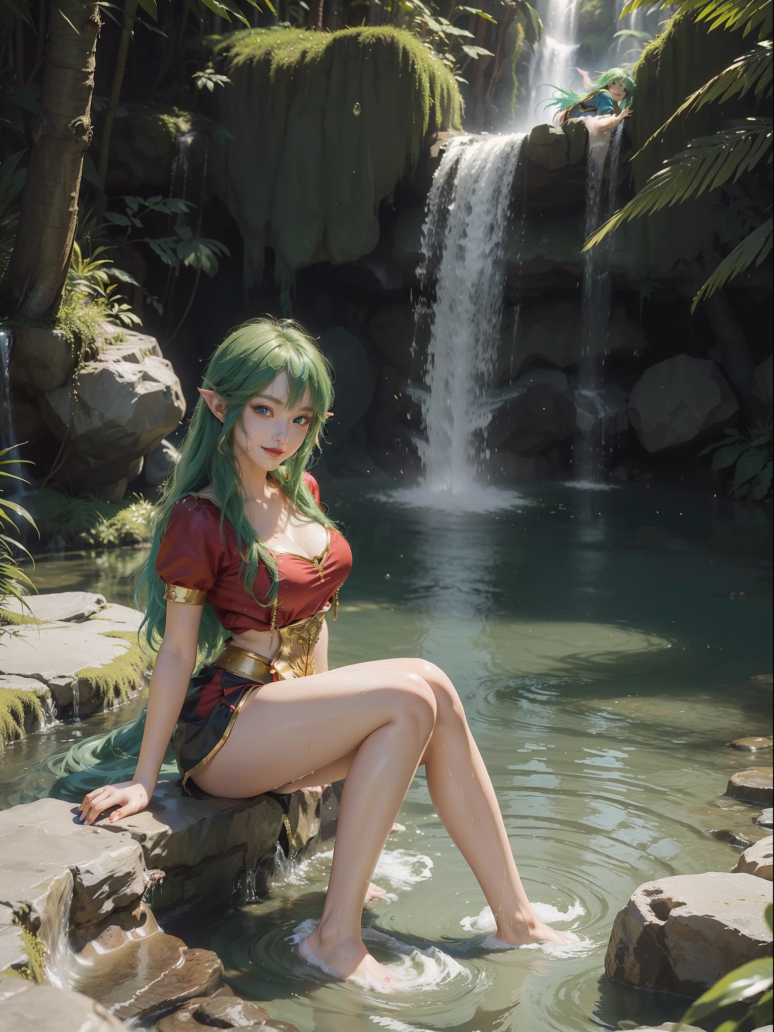 ((full-body photo, feet on the ground, front view)). Princess Zelda, {big breasts, red cheeks, red lipstick on her mouth, looking at the viewer}, [((black outfit with gold trim/maid's outfit with short shorts)], she's bathing in a waterfall in an open area falling water, clothes and hair soaked. She has [((short green hair, blue eyes, looking at the viewer, smiling)], anime, anime style, motion blur, 16k, high quality, super detail, textured skin, anatomically correct, masterpiece, masterpiece, masterpiece, UHD, ccurate