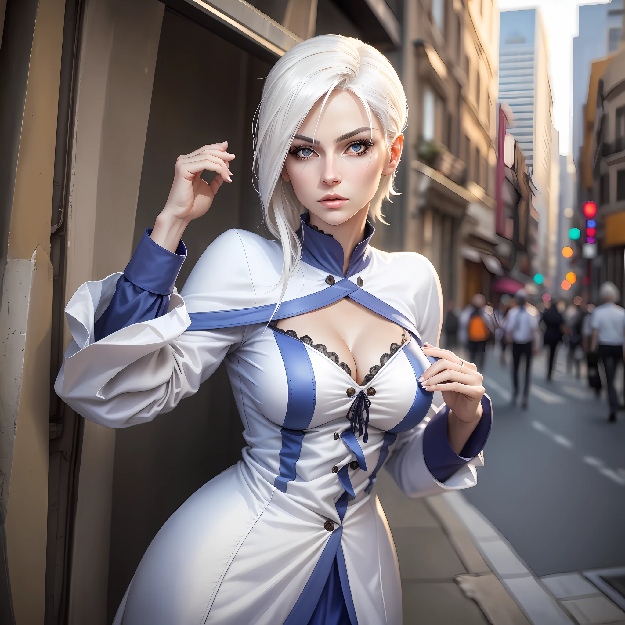 Beautiful tall woman with white hair and bluish eyes super realistic well detailed in the city