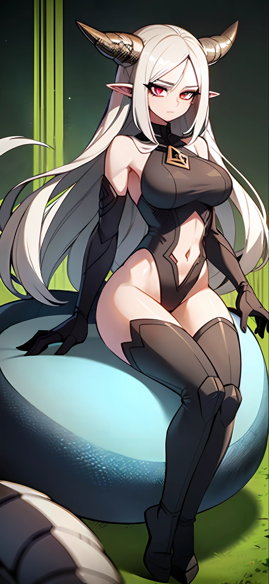 beautiful girl with long white hair and red eyes, beautiful body, snake tail instead of legs, no legs, legs turn into a snake, anthropomorph, elven ears, black forehead horns, concept art, fantasy, detailed image, deep contrast and saturation,