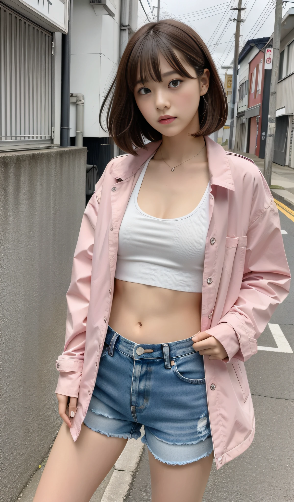 BDSM, NSFW, 1 Girl, Summer, Roadside, Japanese Street, White Sweatbra, Light Jacket, Denim Shorts, Serious Face, Short Brown Hair, Hair Stroke