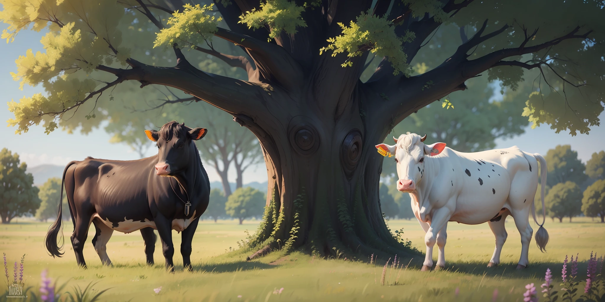 there are two cows standing in a field of grass near a tree, the second… like a calf, cows, bovine, cow, calf, by Samuel Silva, by Willian Murai, random cows, by Nándor Katona, by Ceferí Olivé, by Emerson Silva, malika favre, by Samuel Scott, pastures --auto --s2