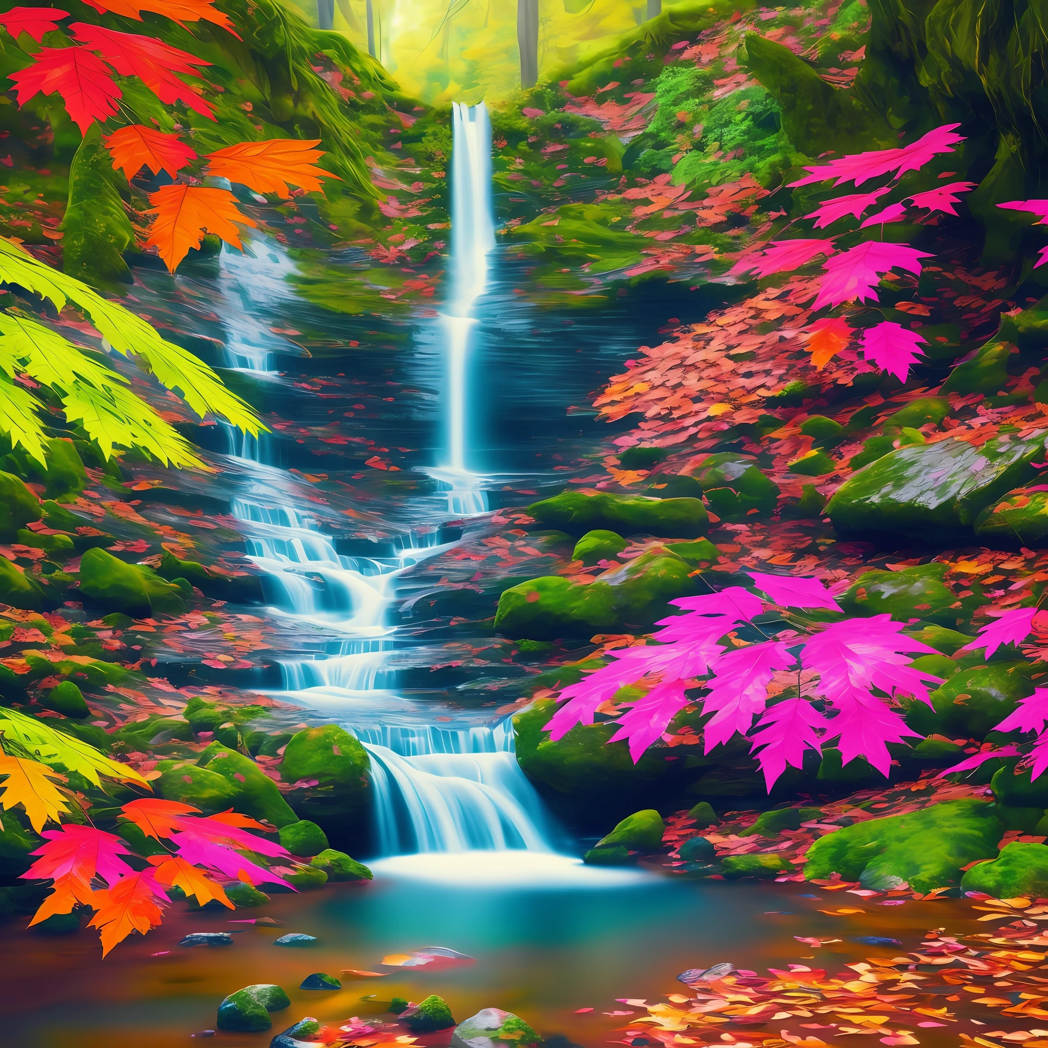 waterfall, many beautiful colors, digital leaf texture, realistic, 4k, color detail --auto --s2