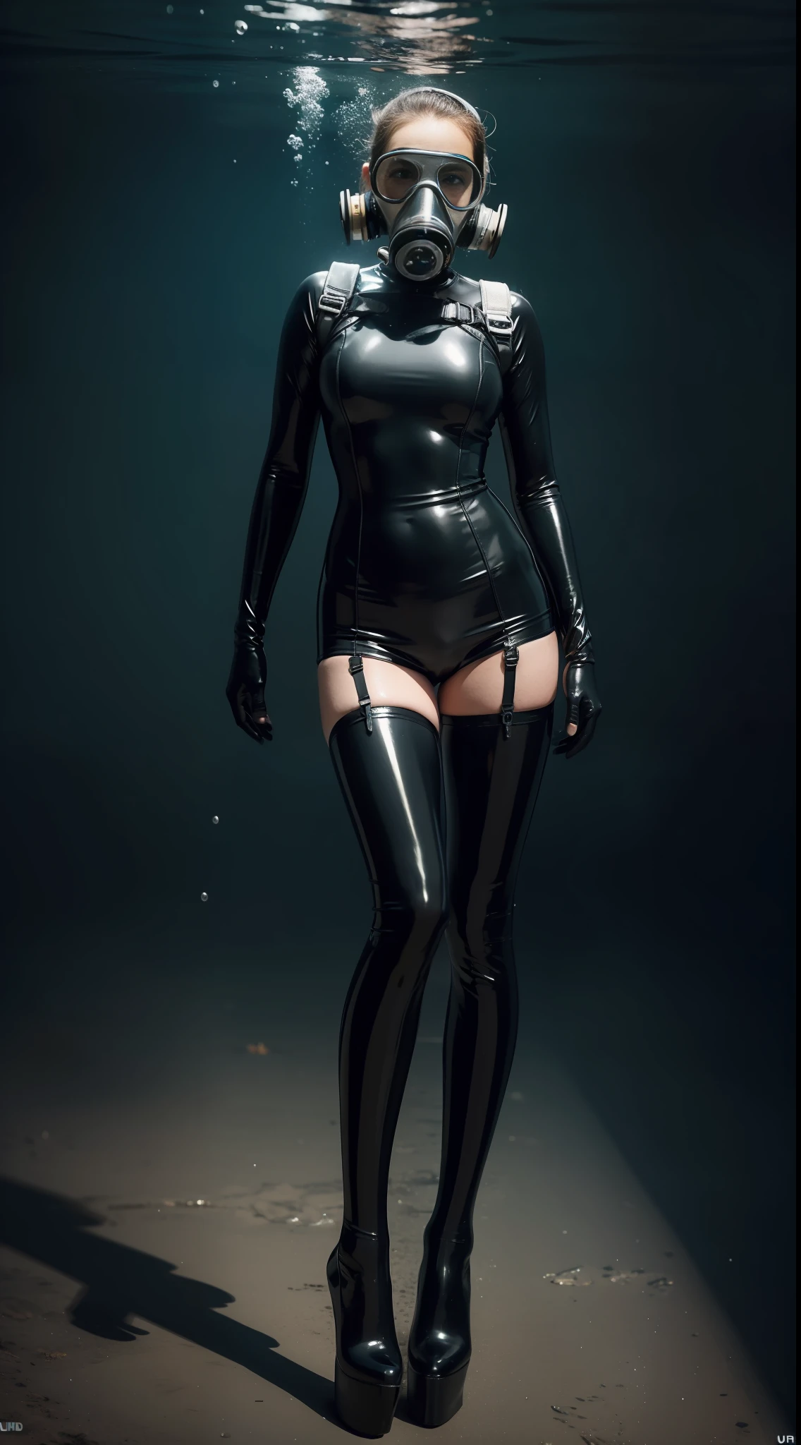 A man, underwater, gas mask, latex wetsuit, elbow long gloves, latex over-the-knee socks, high heels, full body, front, UHD, masterpiece, super detail, best quality, anatomically correct, depth of field