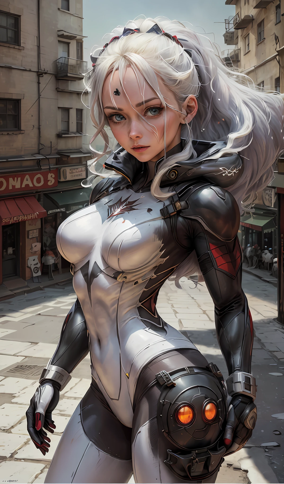 (Masterpiece, 4k resolution, ultra-realistic, very detailed), (White superhero theme, charismatic, there's a girl on top of town, wearing Spider-Man costume, she's a superhero), [ ((25 years), (long white hair:1.2), full body, (blue eyes:1.2), ((Spider-Man pose),show of strength, jumping from one building to another), ((sandy urban environment):0.8)| (cityscape, at night, dynamic lights), (full moon))] # Explanation: The Prompt mainly describes a 4K painting of ultra-high definition, very realistic, very detailed. It shows a superheroine at the top of the city, wearing a Spider-Man costume. The theme in the painting is a white superhero theme, the female protagonist has long white hair, is 25 years old and her entire body is shown in the painting. In terms of portraying the actions of superheroines, spiders are employed