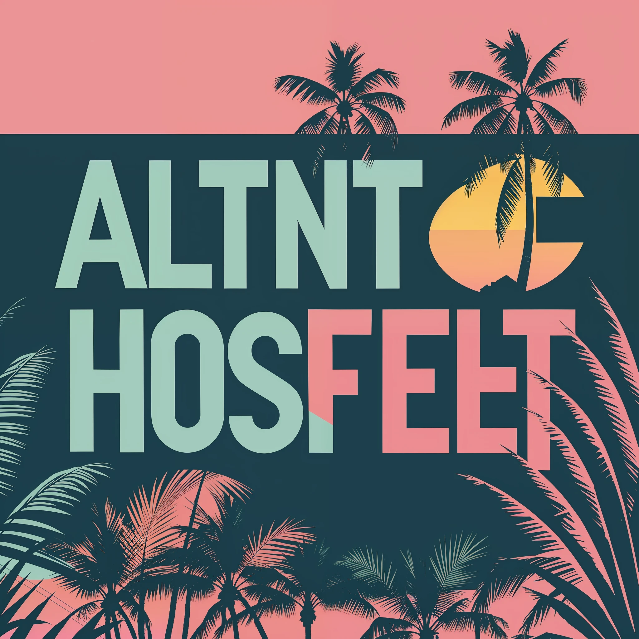 A vintage-inspired t-shirt design that says "Atlantic Hostel" in bold, neon-colored typography reminiscent of the 80s Miami aesthetic. The design features palm trees silhouetted against a sunset backdrop, with vibrant hues of pinks, purples, and blues. The overall design has a worn, distressed look to evoke a sense of nostalgia for that iconic era.