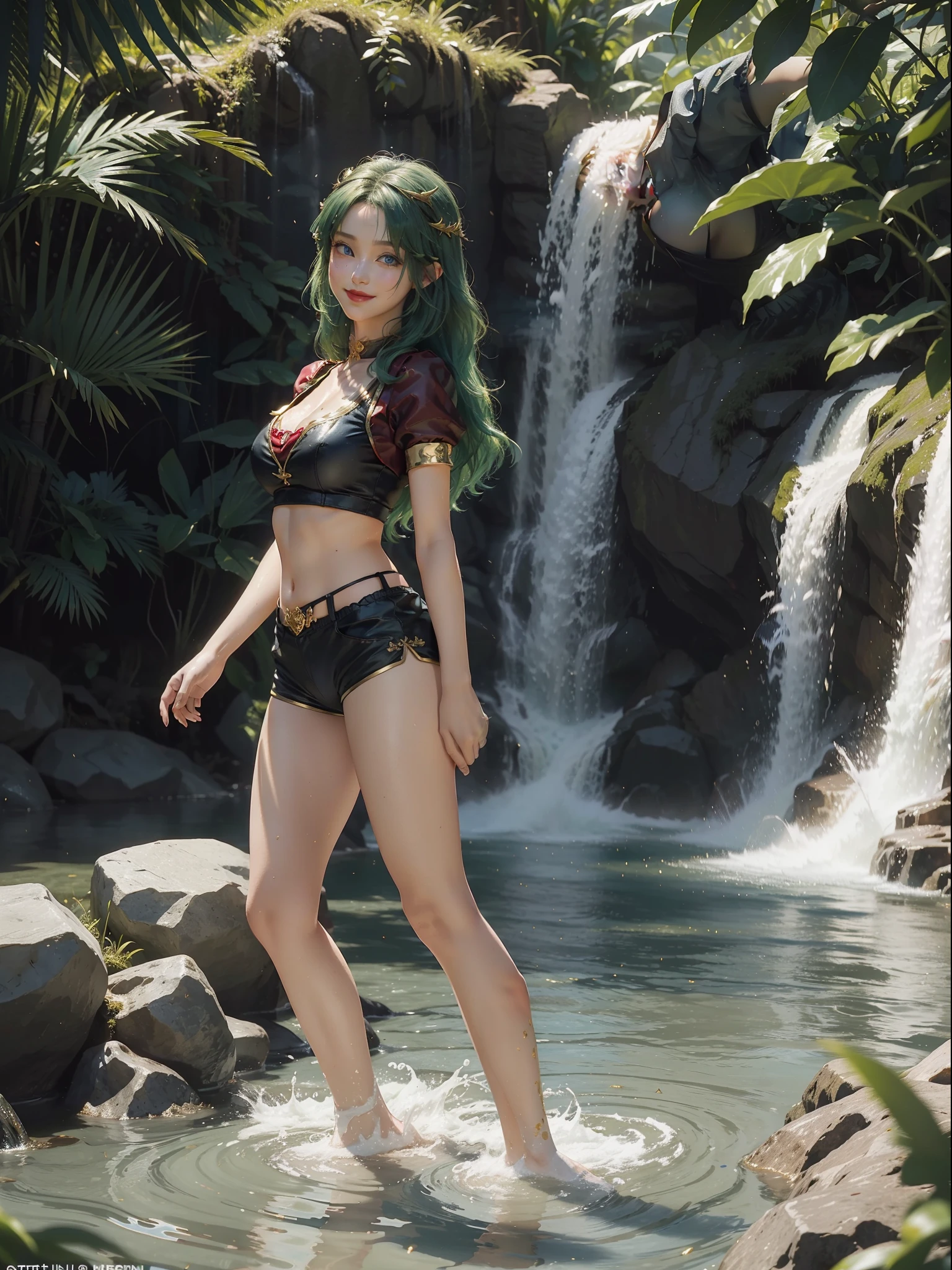((full-body photo, feet on the ground, front view)). Princess Zelda, {big breasts, red cheeks, red lipstick on her mouth, looking at the viewer}, (({black outfit with gold trim/maid's outfit with short shorts})), she's bathing in a waterfall in an open area falling water, clothes and hair soaked. She has (({short green hair, blue eyes, looking at the viewer, smiling})), anime, anime style, motion blur, 16k, high quality, super detail, textured skin, anatomically correct, masterpiece, masterpiece, masterpiece, UHD, ccurate