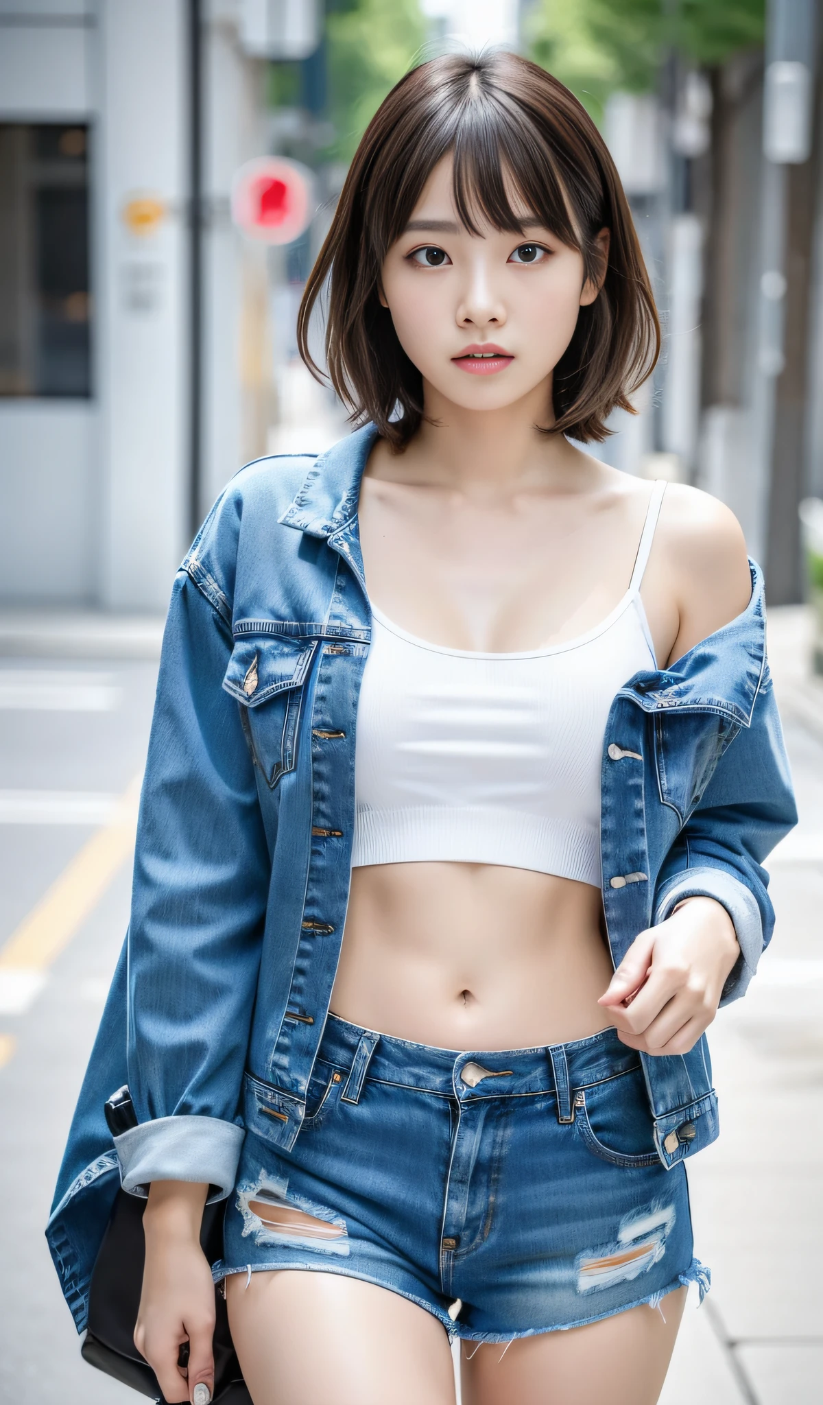 BDSM, NSFW, 1 Girl, Summer, Japanese Street, Light Blue Underwear, Denim Ripped Shorts, Denim Jacket Serious Face, Short Brown Hair, Turn, Clear Focus: 1.2, Highly Detailed Face and Skin Texture, Best Quality, 8k
