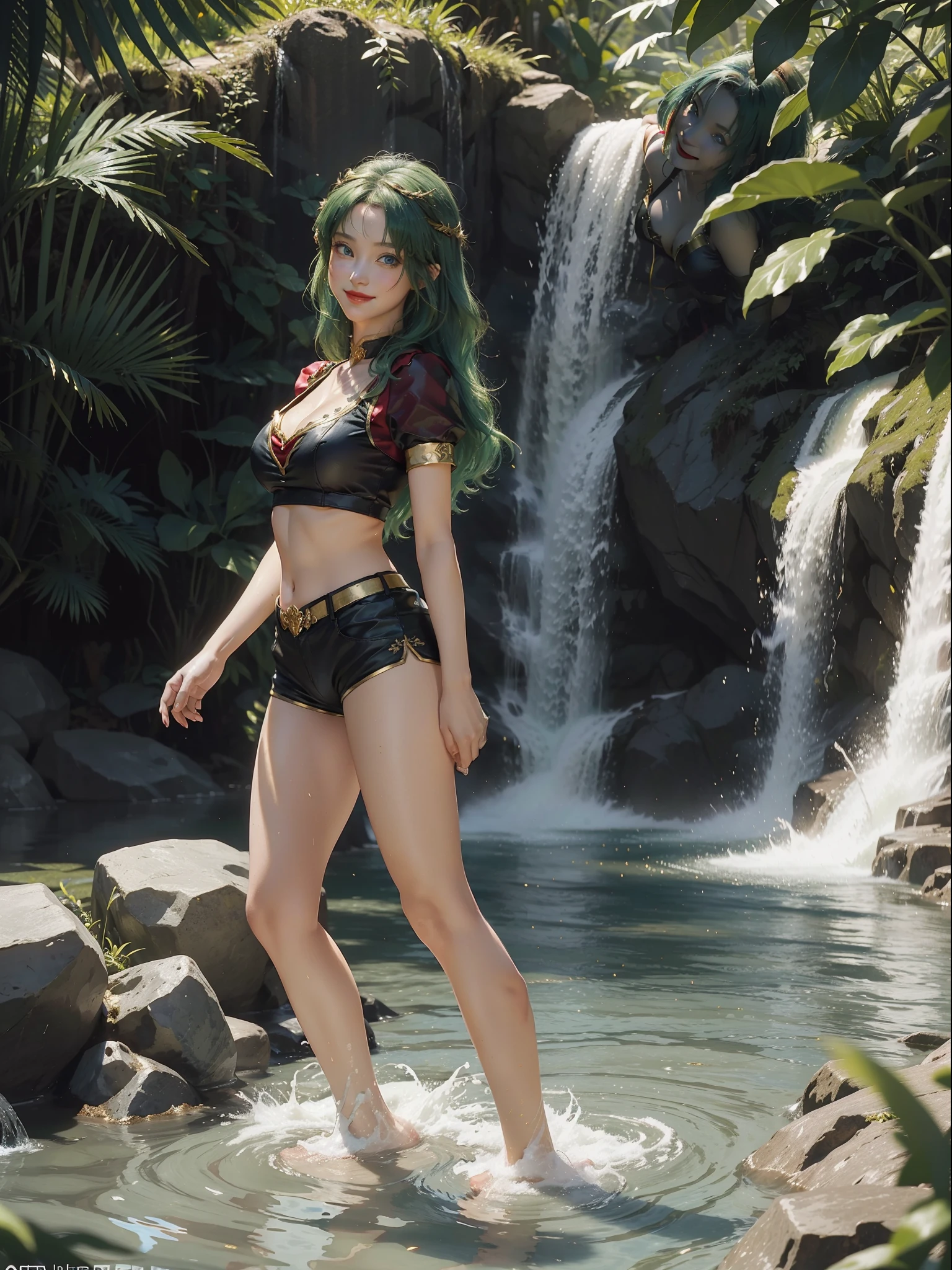 ((full-body photo, feet on the ground, front view)). Princess Zelda, {big breasts, red cheeks, red lipstick on her mouth, looking at the viewer}, (({black outfit with gold trim/maid's outfit with short shorts})), she's bathing in a waterfall in an open area falling water, clothes and hair soaked. She has (({short green hair, blue eyes, looking at the viewer, smiling})), anime, anime style, motion blur, 16k, high quality, super detail, textured skin, anatomically correct, masterpiece, masterpiece, masterpiece, UHD, ccurate