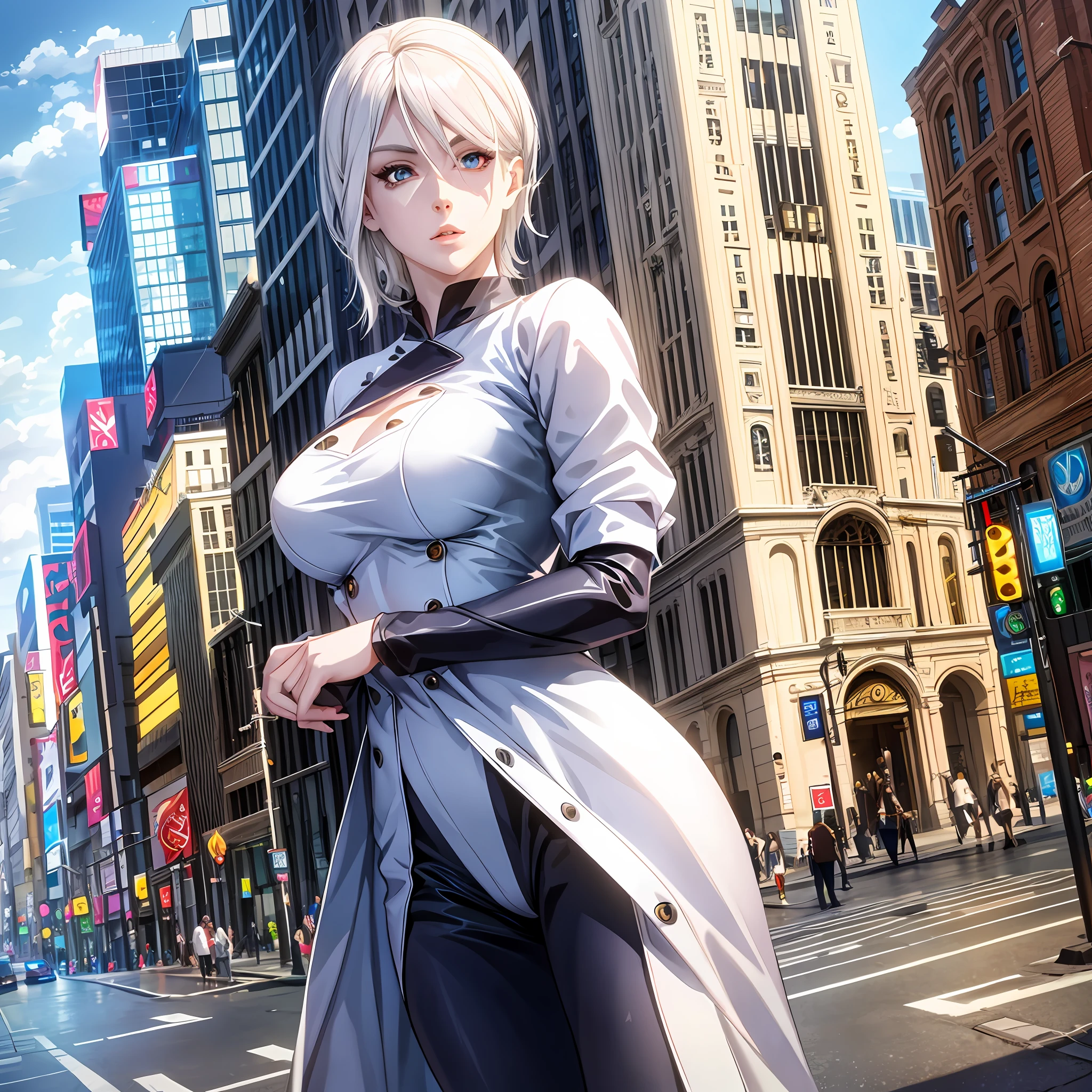 Beautiful tall woman with white hair and bluish eyes super realistic well detailed in the city