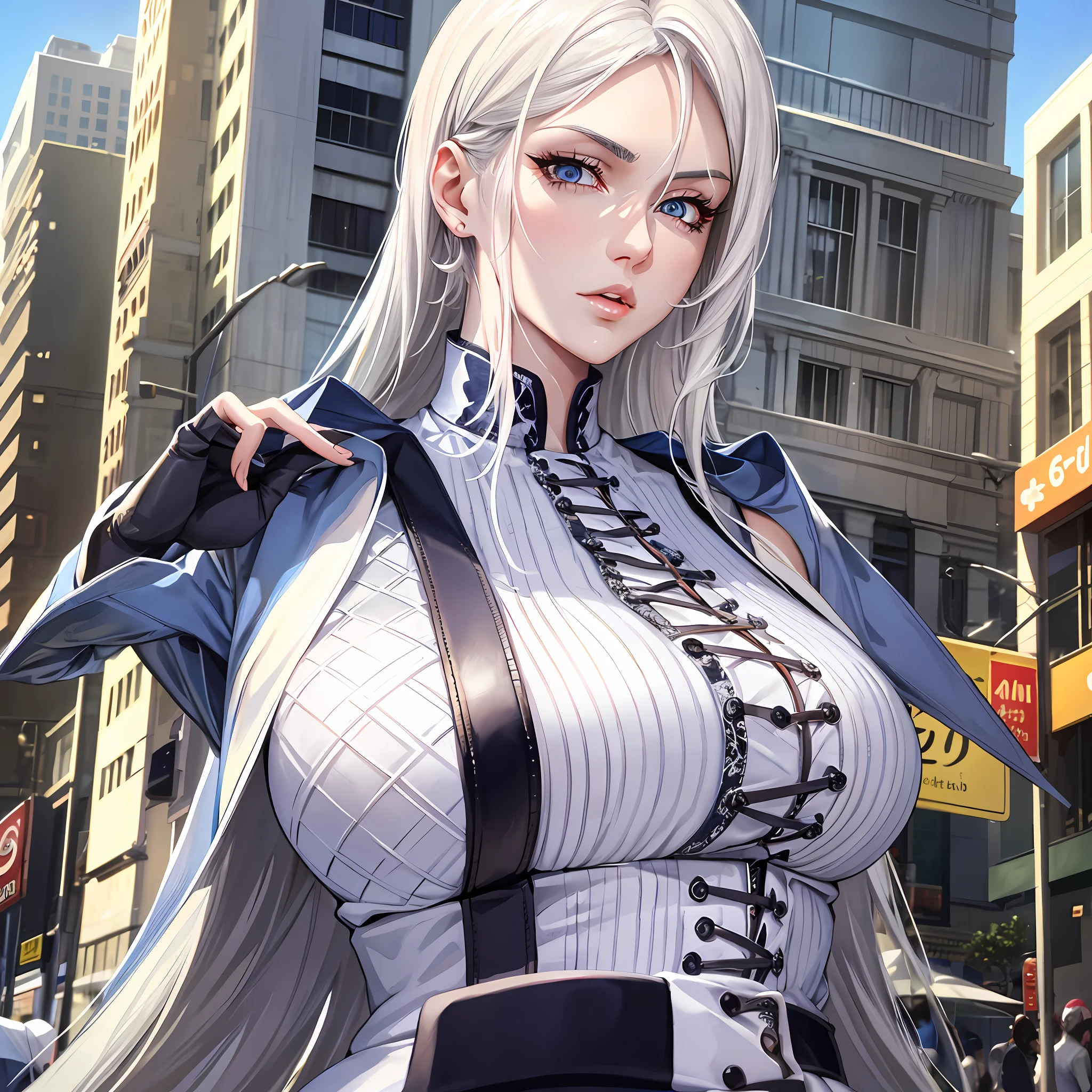 Beautiful tall woman with white hair and bluish eyes super realistic well detailed in the city