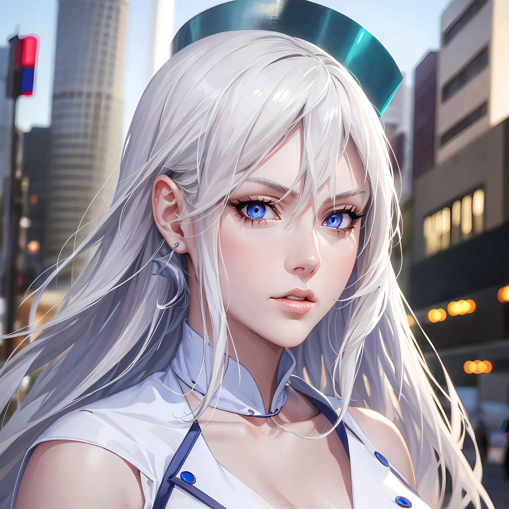 Beautiful tall woman with white hair and bluish eyes super realistic well detailed in the city