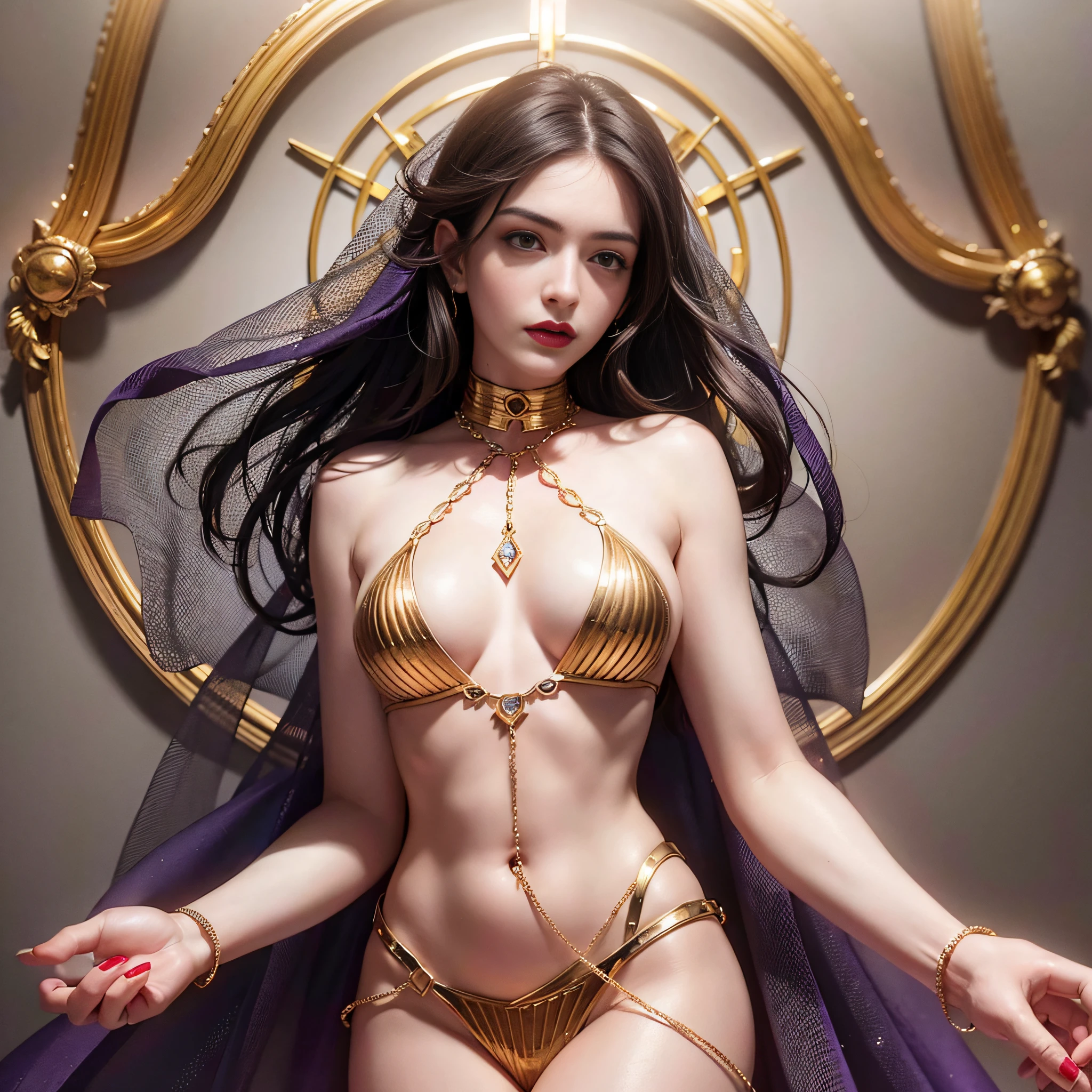 Chains, rope, hands tied, Anne Hathaway, purple clothes, transparent clothes, transparent, golden, reflective, gorgeous, neck tied by chains, full body, slim figure, slender figure, (incredibly ridiculous, super detailed, CG, unified, 8k wallpaper), (reality), (reality), (reality: 1.2), (original photo: 1.2), (best quality: 1.2), (detailed face: 1.4), red lips, makeup, light reflection,