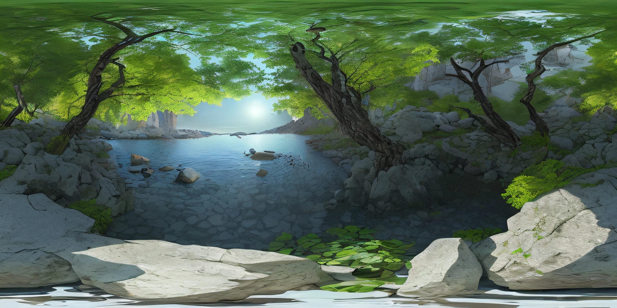 (8k, RAW photo, best quality, masterpiece: 1.2), (realistic, photo-realistic: 1.37), octane rendering, ultra high res, ultra-detailed, professional lighting, photon mapping, radiosity, physics-based rendering, ue5, (((fantastic trees)),((huge lake with leaves)),((rocks in infinitic water)),mist, fog ((raytracing)),((rocky mountains)),(depth of field),landscape,, lake