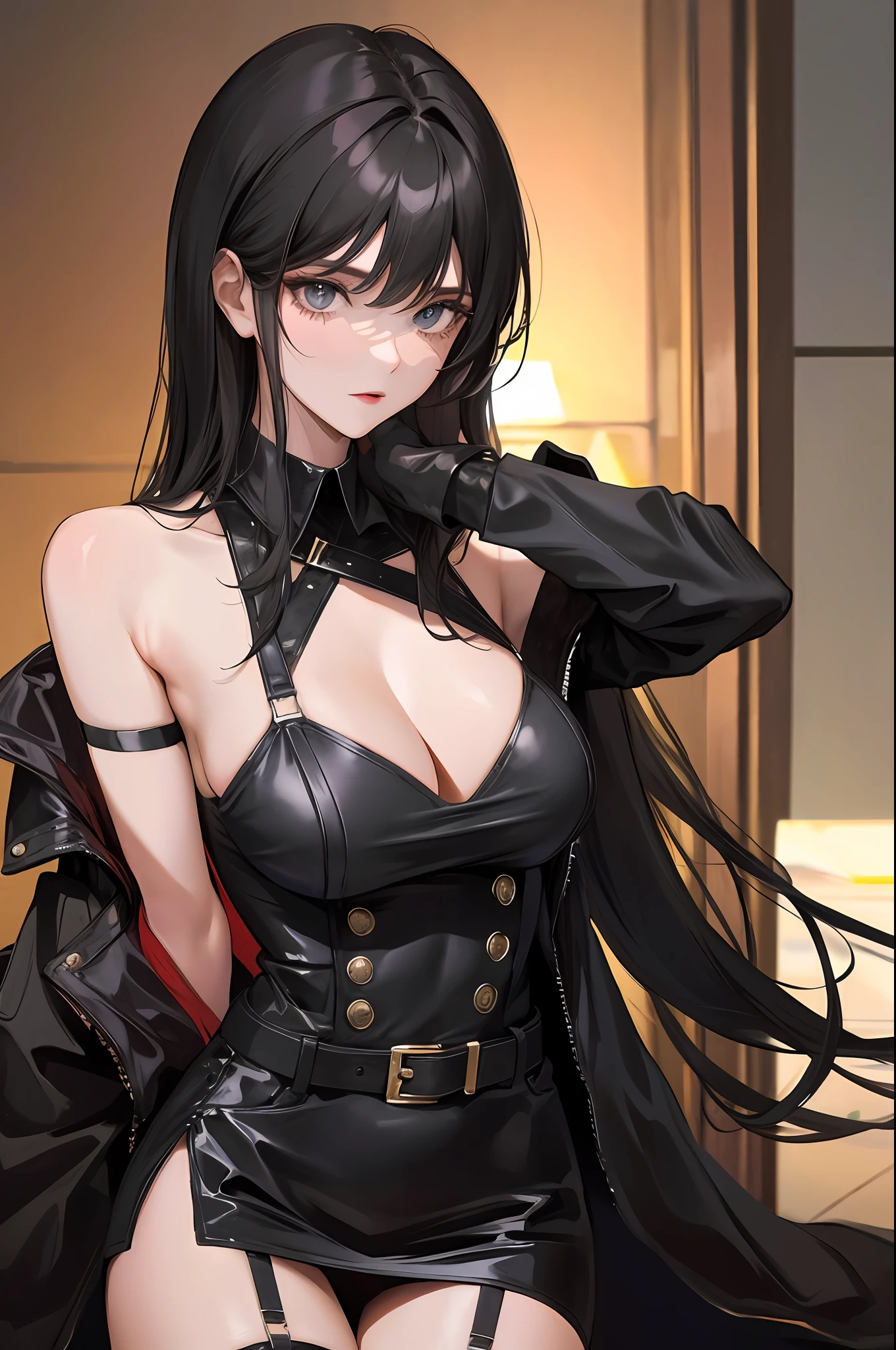 (highest resolution, distinct_image) The best quality, a woman, masterpiece, highly detailed, semi realistic, black short hair, black hair, bangs, 21 years old, shoulder length hair, mature, big breasts, black clothing, black uniform, military uniform, military academy, beautiful, heroic, delicate and delicate facial features, garter belt, spreading legs, thihigh boots,