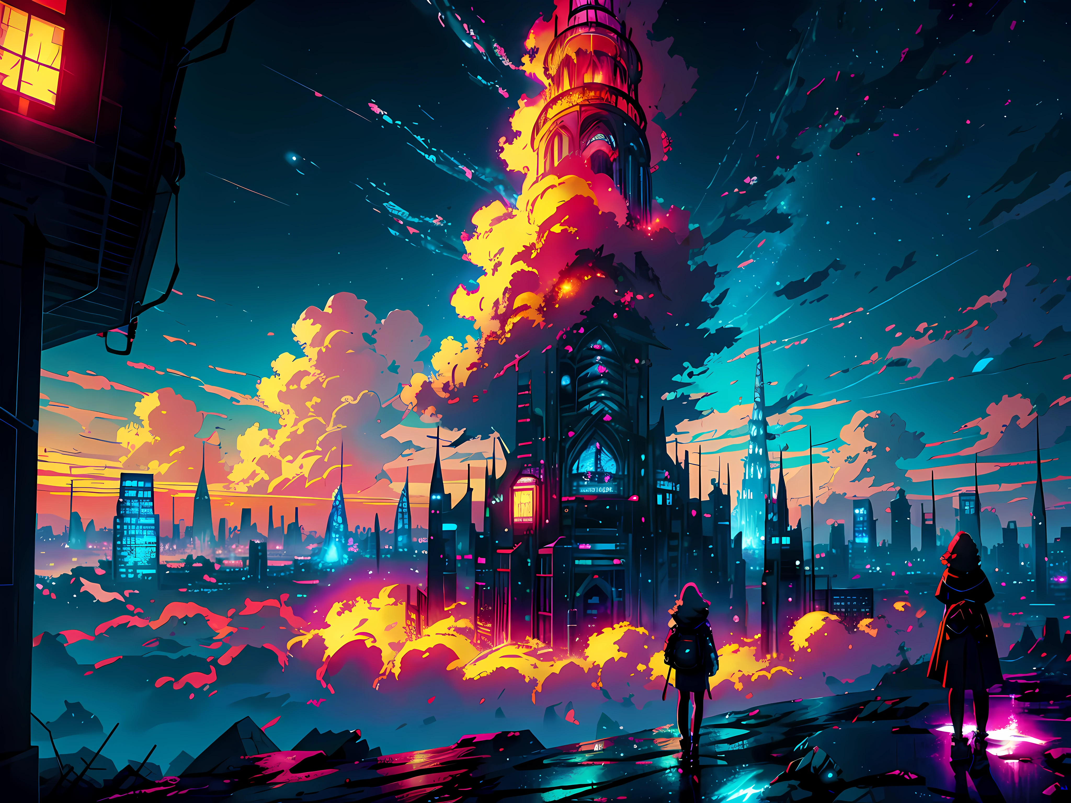 anime girl looking at anime scenery of a city with a tower and a sky, anime art wallpaper 4 k, glowing sky, bright shine, anime clouds, makoto shinkai cyril rolando, by sylvain sarrailh, anime art wallpaper 8 k, inspired by sylvain sarrailh, 4k highly detailed digital art,octane render, bioluminescent,8K resolution concept art, realism,by Mappa studios,masterpiece,best quality,official art,illustration,ligne claire,(cool_color),perfect composition,absurdres, fantasy,focused,rule of thirds