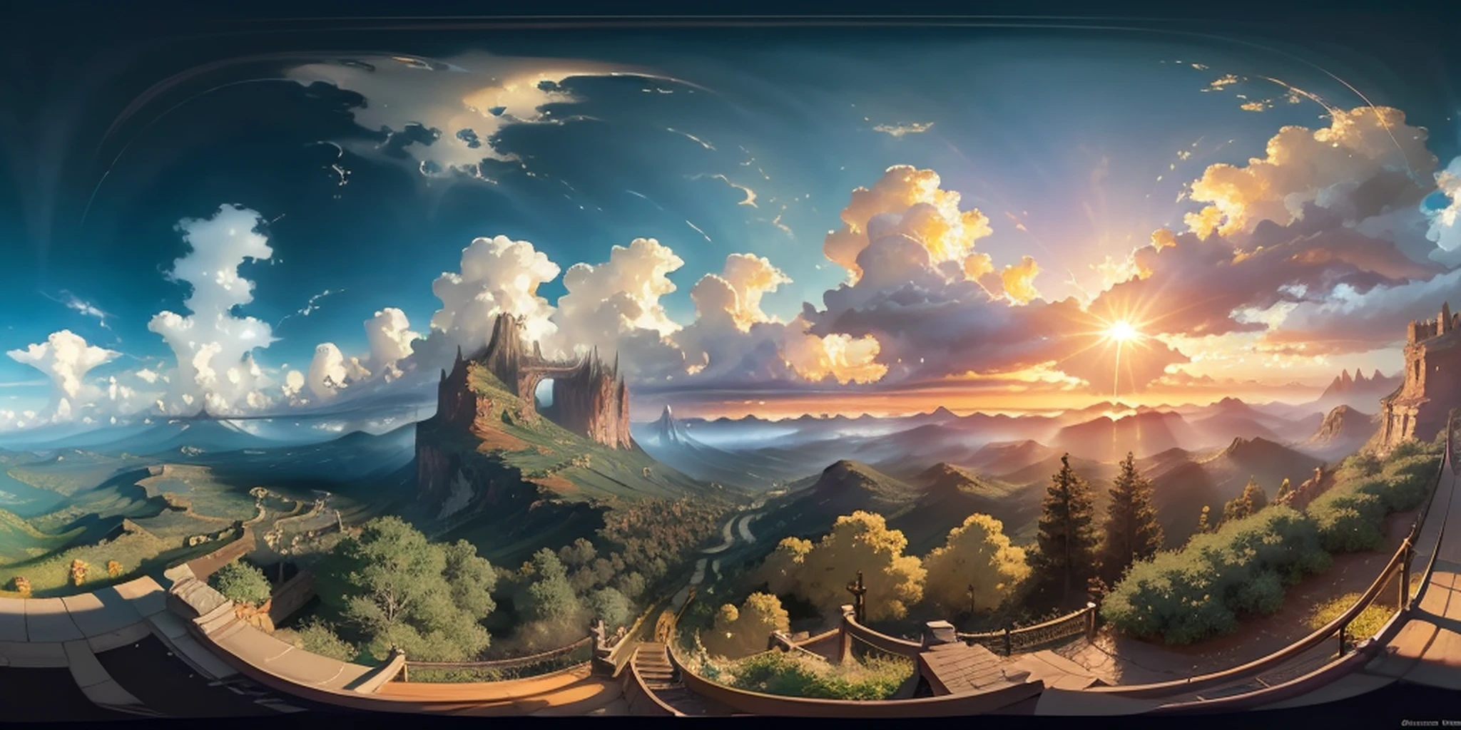 a 360 equirectangular panorama, modelshoot style, (extremely detailed 8k CG unit wallpaper), sky with clouds and radiance of the sun, real amazing clouds, trends in artstation, pixiv, hyper-detailed Unreal Engine 4k 8k ultra HD, J.R. TOLKIEN, katshurio Otomo, forest, masterpiece, concept art, J.R. Tolkien, Greg Manchess, Antonio Moro, trend in ArtStation, trend in CGSociety, Intricate, High Detail, Sharp Focus, Dramatic Painting and Photorealistic Art from Pixar