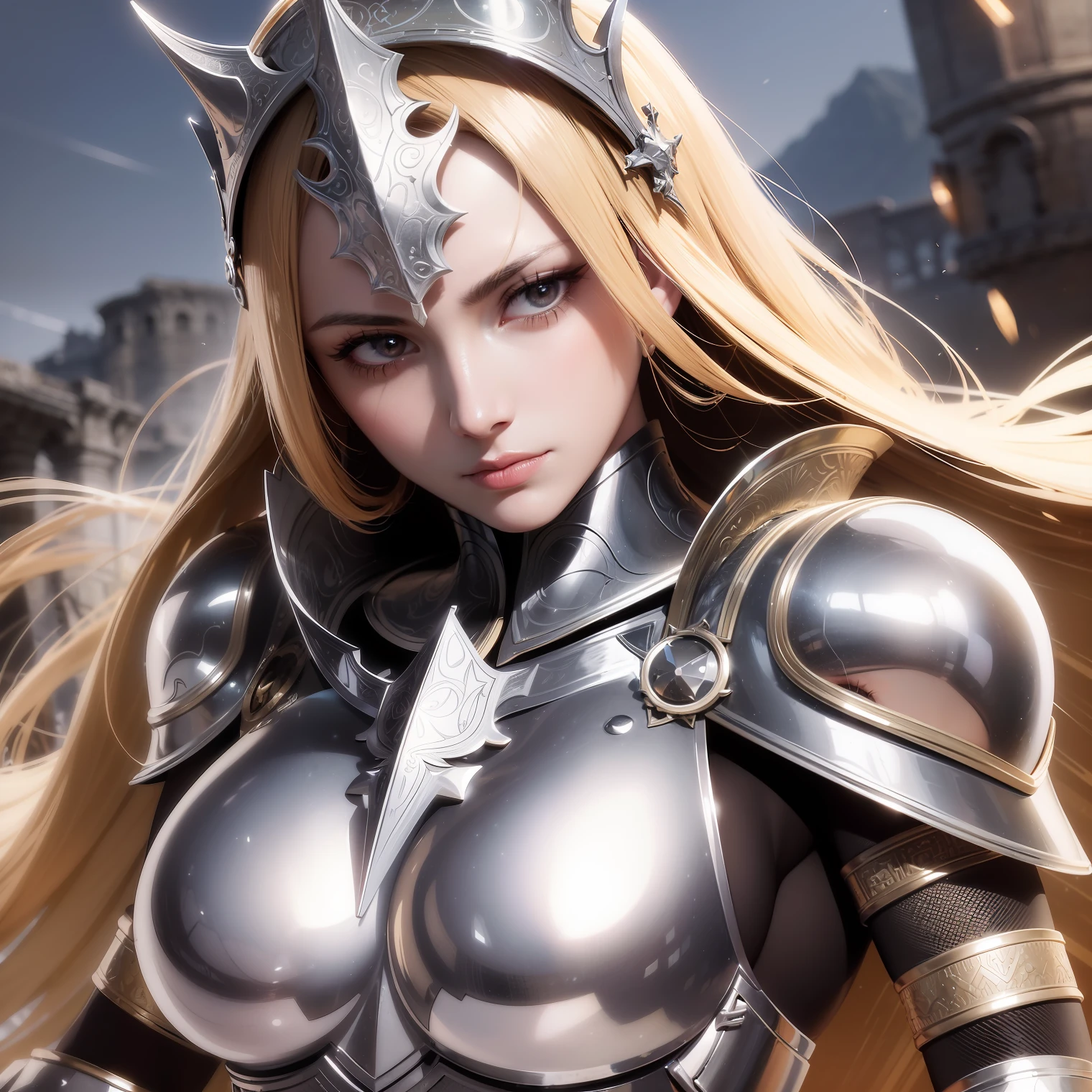 Illustration, woman, cinematic light, highest quality, ultra detailed realism, detailed face, detailed eyes, best quality, hyper detailed, masterpiece, On the battlefield, a woman in heavy and detailed armor, She is dressed in a heavy armor that glitters in the sunlight, every detail meticulously worked. Every piece of your armor is made to protect and display your strength. A steel crown adorns his head, showing his position of leadership, His eyes, fixed with an unwavering determination, shine through the openings of the visor, conveying a formidable intensity, An imposing breastplate embraces his torso, made of intertwined metal plates The glow of the armor reflects, His shoulders are protected by solid, ornate shoulder pads, which extend to the muscular arms covered by chainmail, war environment, realistic horses, sunlights, chaotic fields, smokes, light environment, celestial yellow orange tones