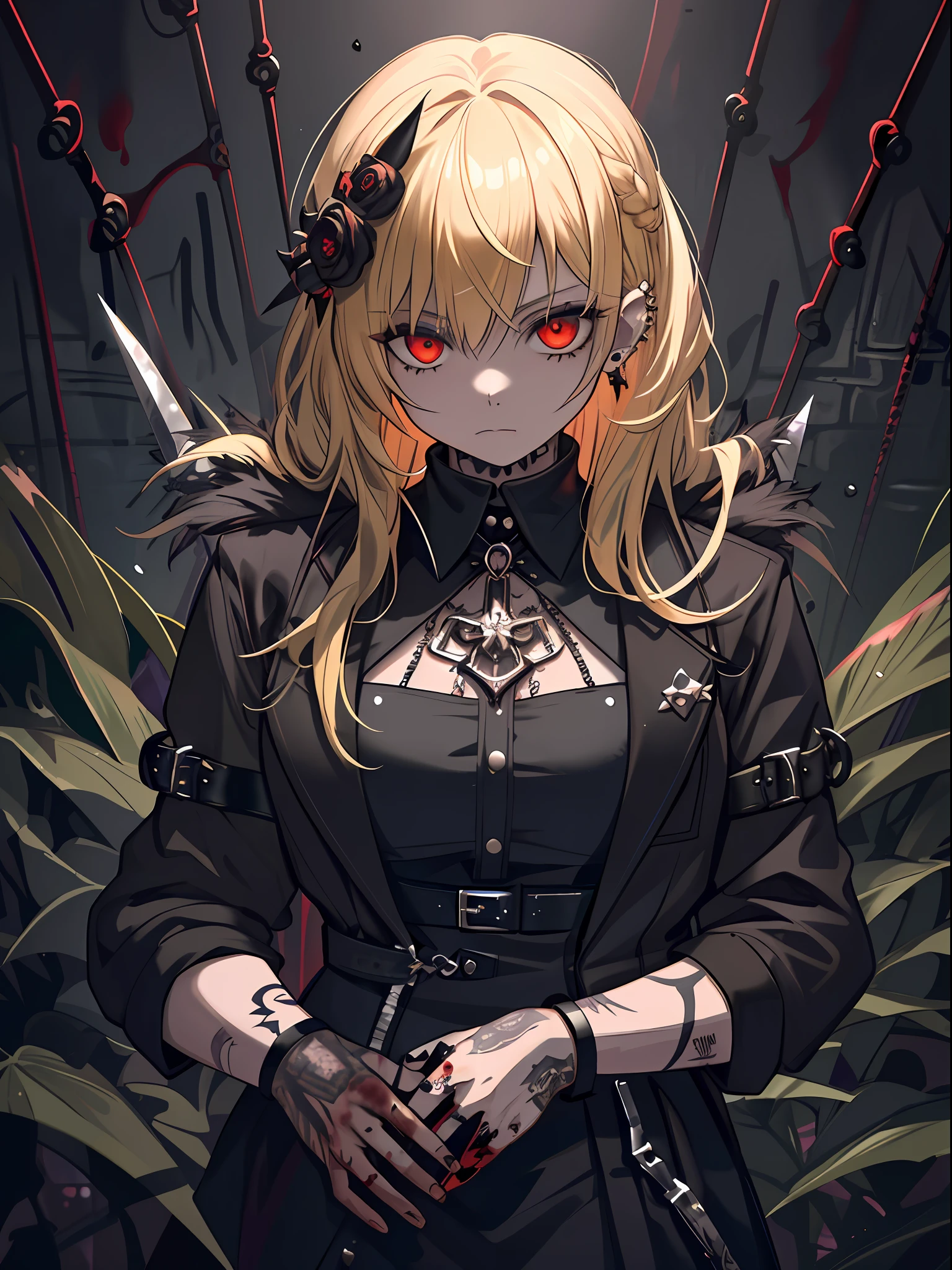 (detailed CG, high quality, ultra-detailed 8k), edgy goth honey bear killer, blonde hair, piercings, tattoos, bloody,blood splashes, knife, dark mood, eerie vibes, in a dark black alley with a wire fence, spike accessories, stud belts FROM above, drenched in honey, dust particles, best shadows and lighting