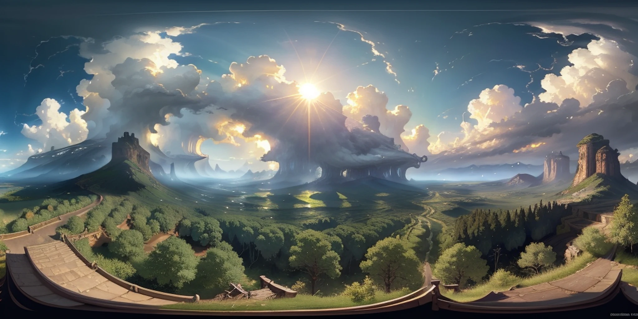 a 360 equirectangular panorama, modelshoot style, (extremely detailed 8k CG unit wallpaper), sky with clouds and radiance of the sun, real amazing clouds, trends in artstation, pixiv, hyper-detailed Unreal Engine 4k 8k ultra HD, J.R. TOLKIEN, katshurio Otomo, forest, masterpiece, concept art, J.R. Tolkien, Greg Manchess, Antonio Moro, trend in ArtStation, trend in CGSociety,  Intricate, High Detail, Sharp Focus, Dramatic Painting and Photorealistic Art from Pixar