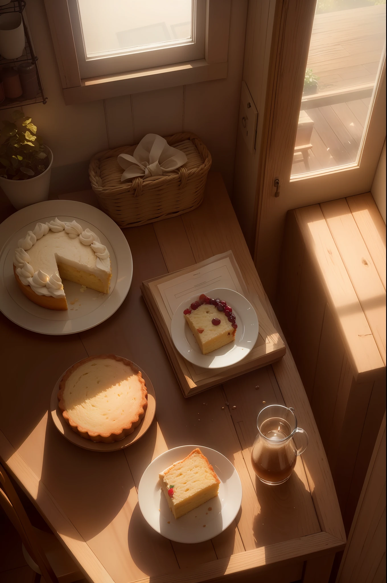 ((Cinematic Lights, Superior Quality, 8k, Masterpiece: 1.3)),,kitchen, afternoon light enters through the window behind, camera seeing cornmeal cake half from above on the rustic wooden table, light coming from behind