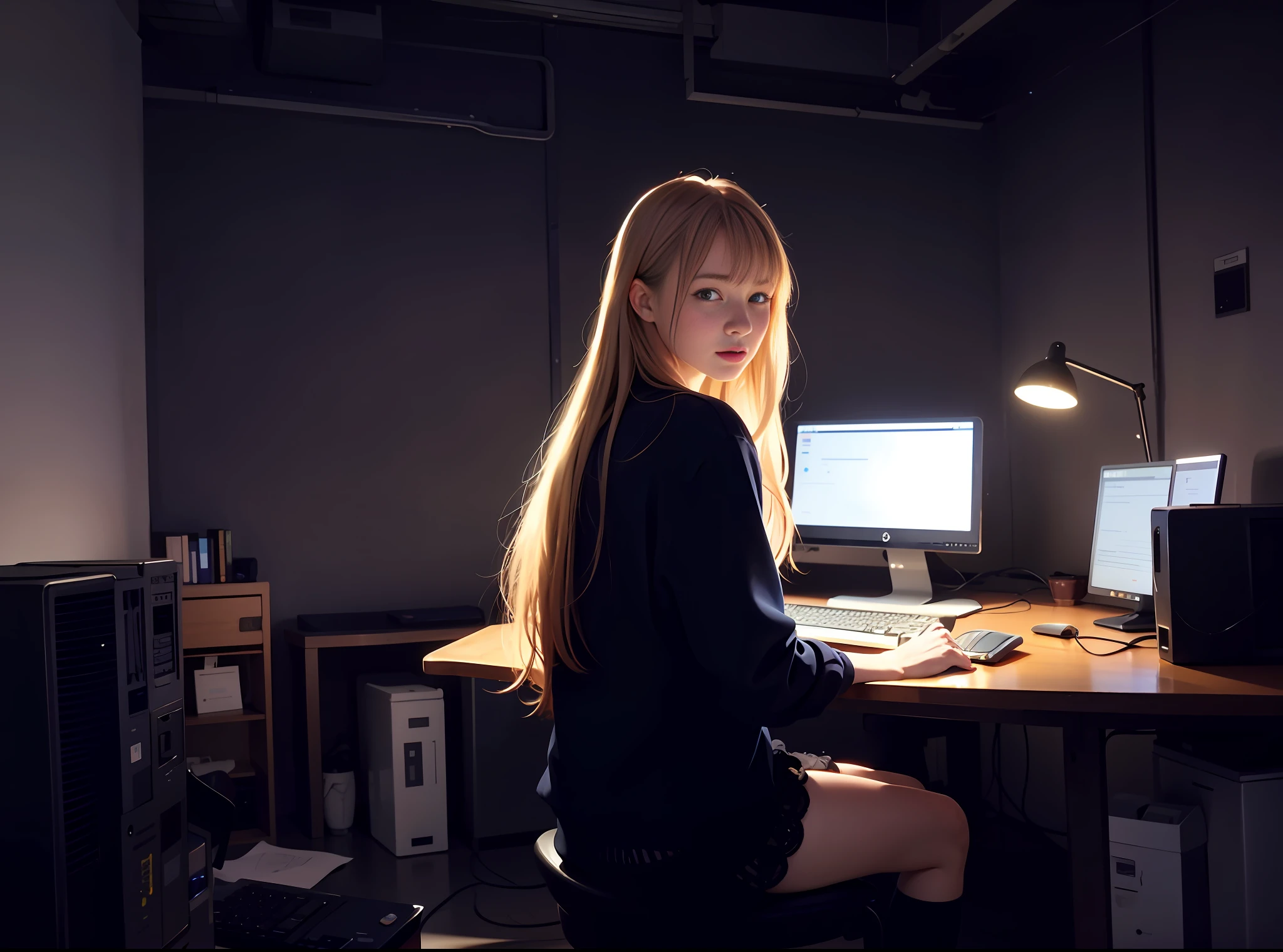(8k, RAW photos, top quality, masterpieces: 1.2), high definition RAW color photos, professional photos, full body, (realistic, realistic photos: 1.37), (highest quality)), one girl, cinematic light, (fine face: 1.2), (masterpieces: 1.5), (best quality: 1.2), (rough outfits: 1.5), (beautiful face: 1.7), beautiful face, beautiful blue eyes, high nose, long hair, (golden hair : 1.5), (thick bangs: 1.5), shiny skin, (see here: 1.6), sitting in a chair, dark room, room with many computers, keyboard, small light in dark room, room with many machines