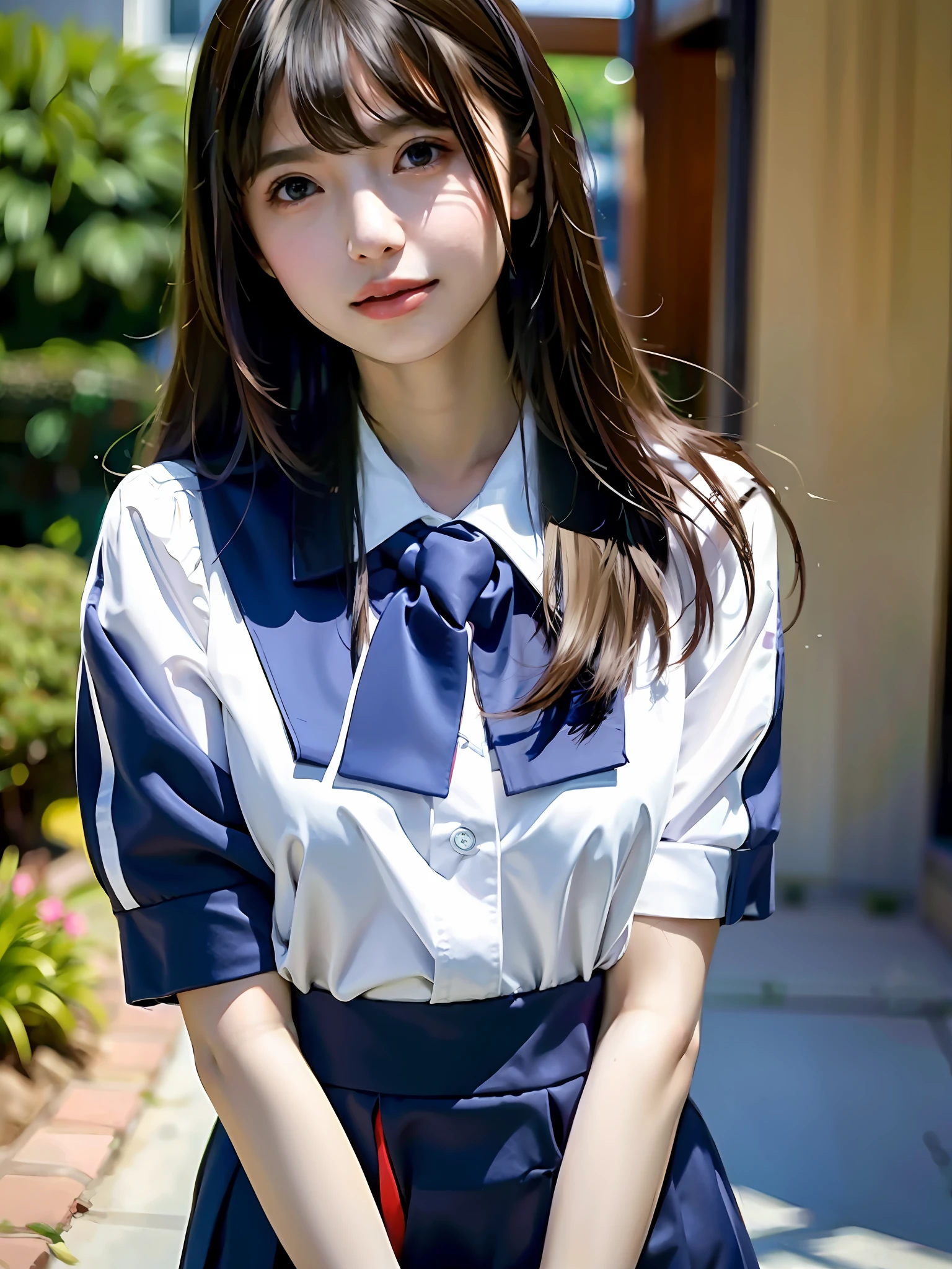 1girl, solo,(best quality),(masterpiece:1.1), full body, looking_at_viewer, dynamic angle, school uniform, cute, clear facial skin,