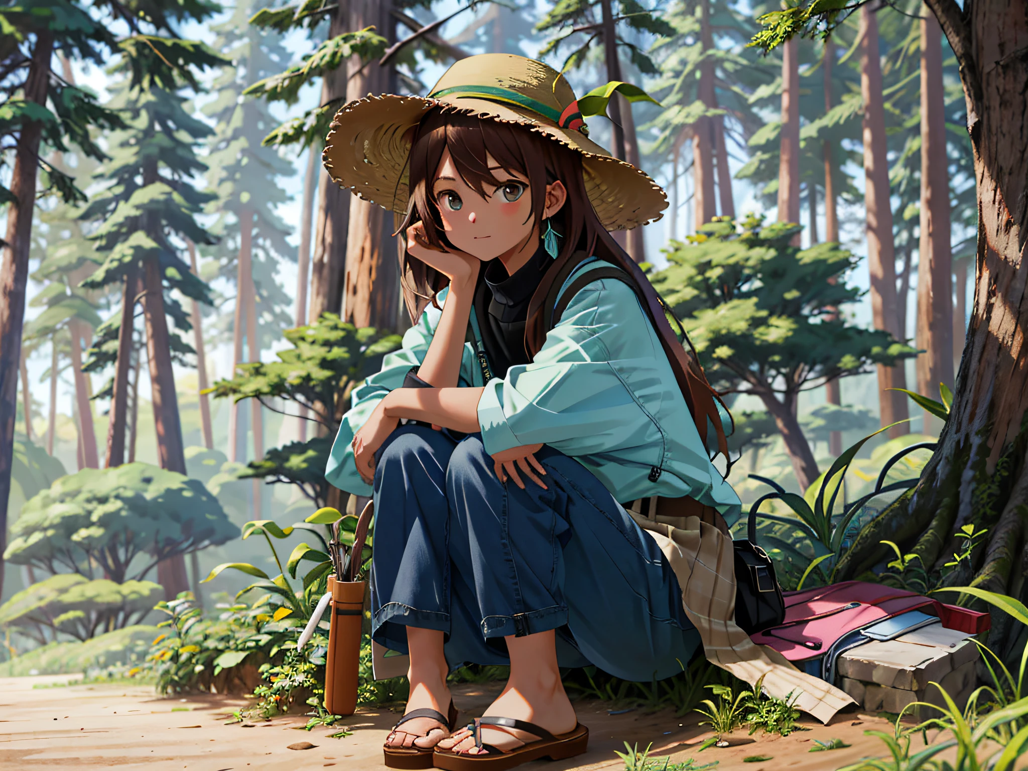 absurdres, highres, ultra detailed, BREAK , Giant sequoias, ancient forests, massive trees, peaceful groves, dappled sunlight, biodiversity, BREAK Sturdy shoes, long pants, lightweight layers, hat, sunscreen, insect repellent,